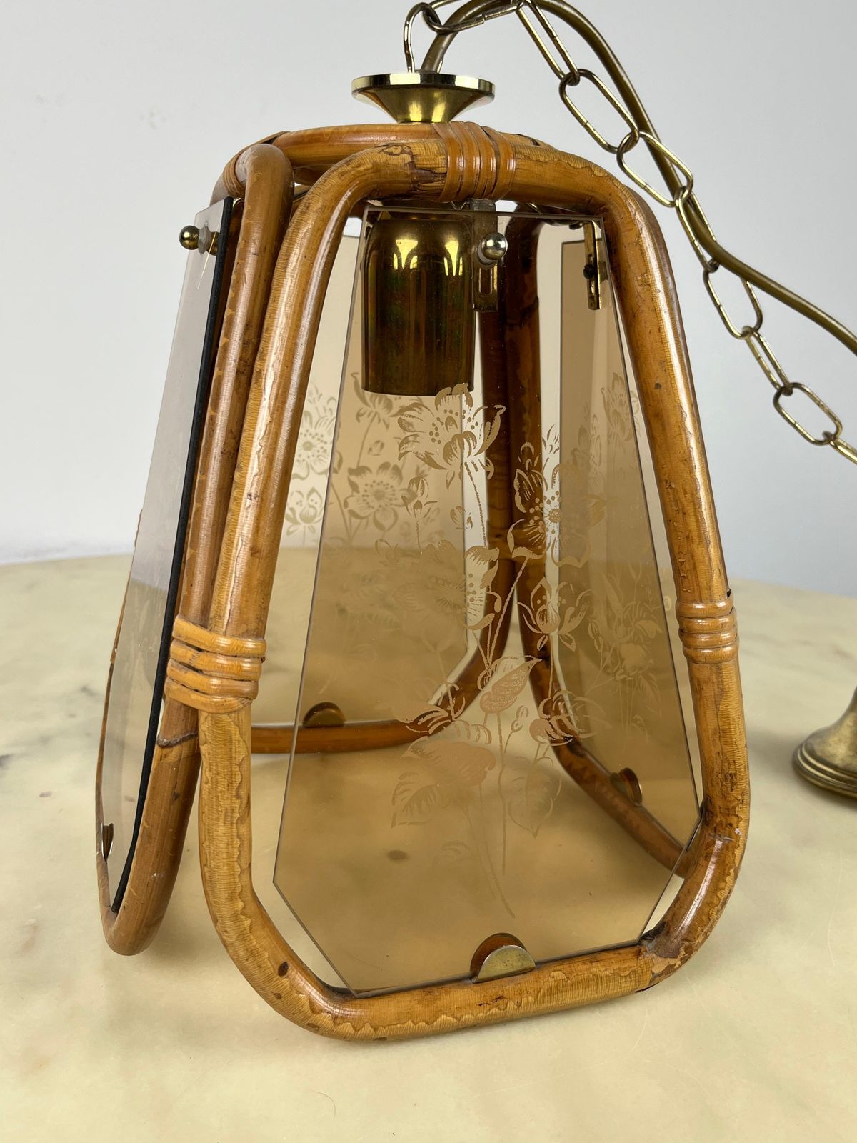 Hand Engraved Bamboo And Murano Glass Chandelier, Italy, 1950s photo vintage