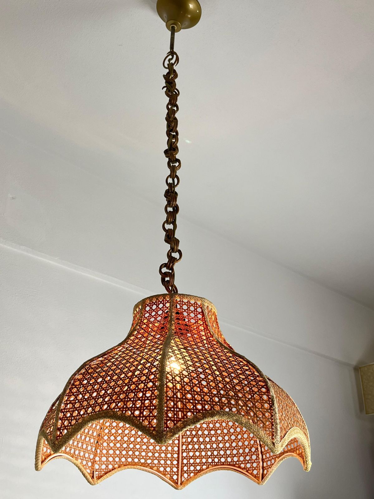 Mid Century Wicker And Rattan Chandelier Italian Design 1960s photo vintage