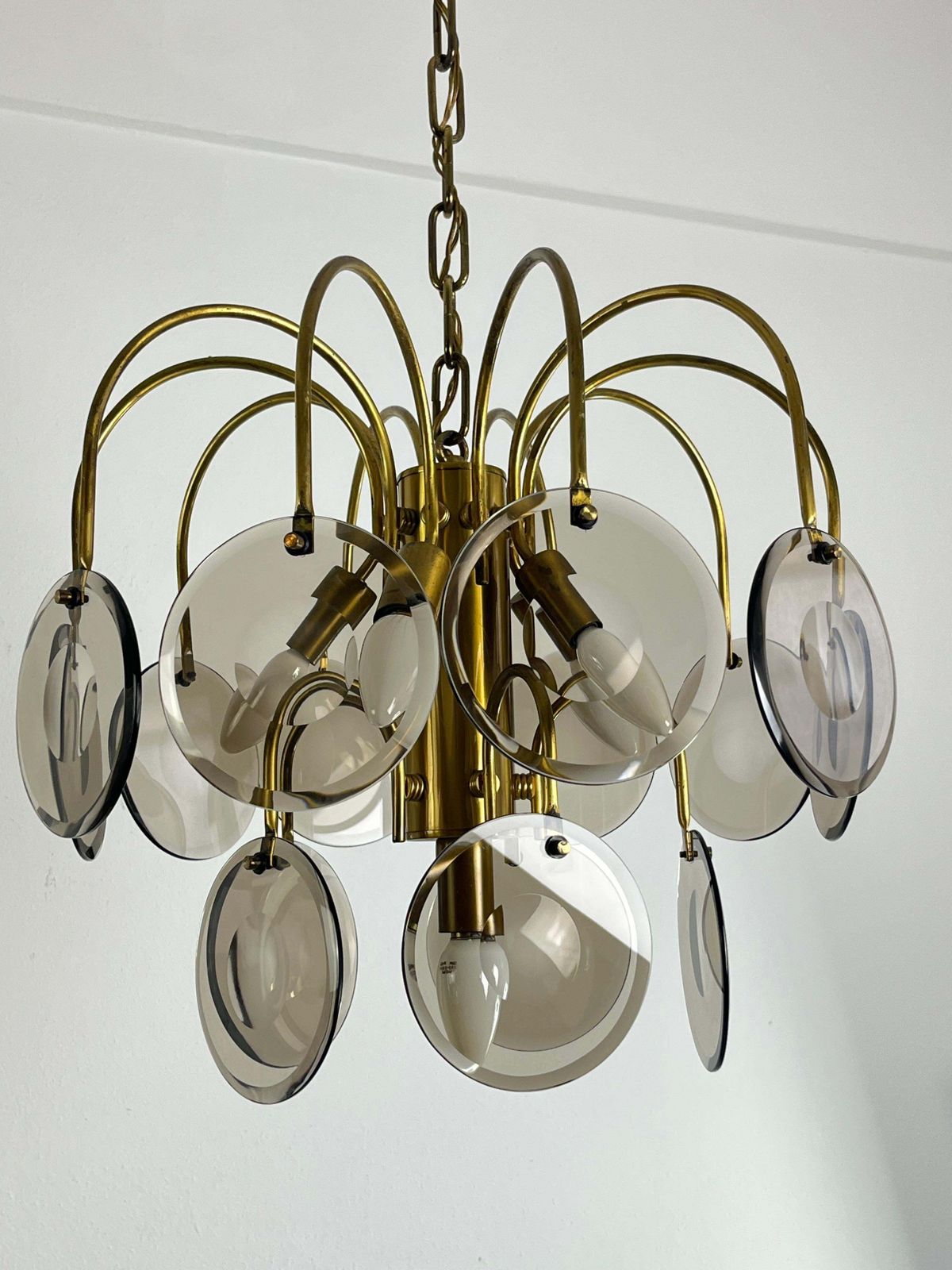 Murano Glass And Brass Chandelier Vistosi Design 6 Lights 1970s photo buy