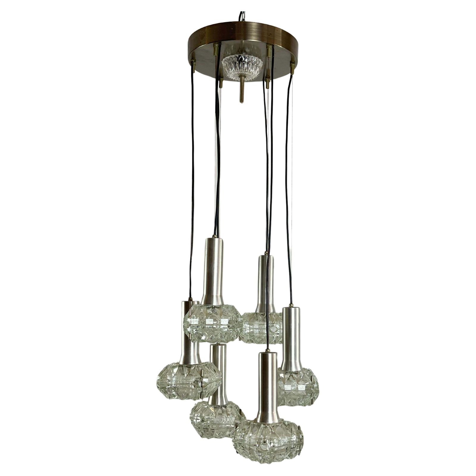 6 Light Cascade Steel And Crystal Chandelier 1970s Italian Design