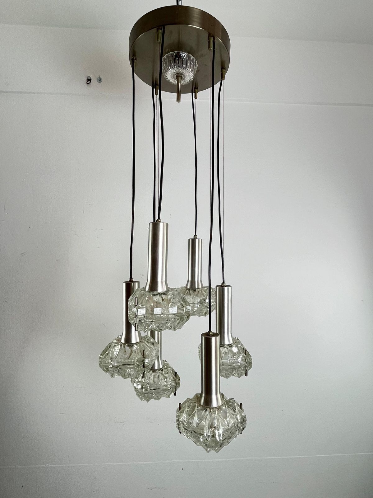 Lighting 6 Light Cascade Steel And Crystal Chandelier 1970s Italian Design photo