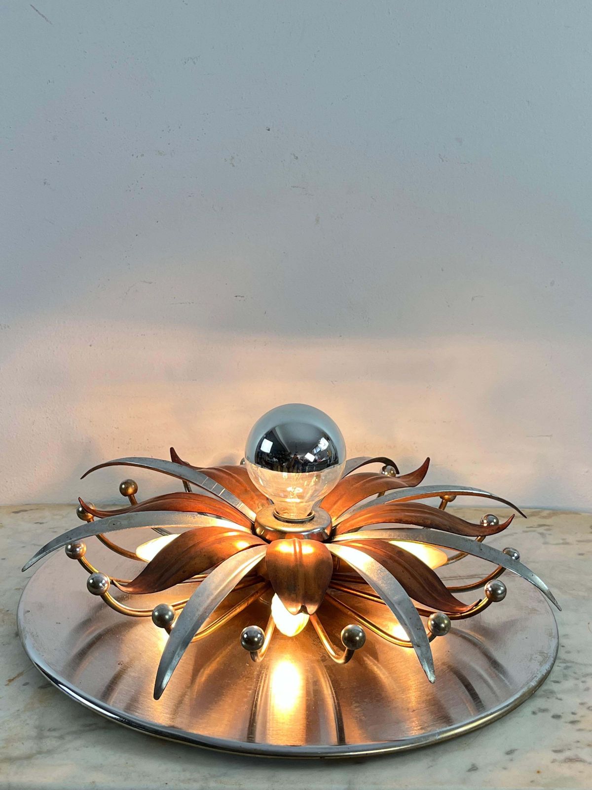 Mid Century Steel And Copper 5 Light Ceiling Light, Made In Italy 1960s photo 768.0