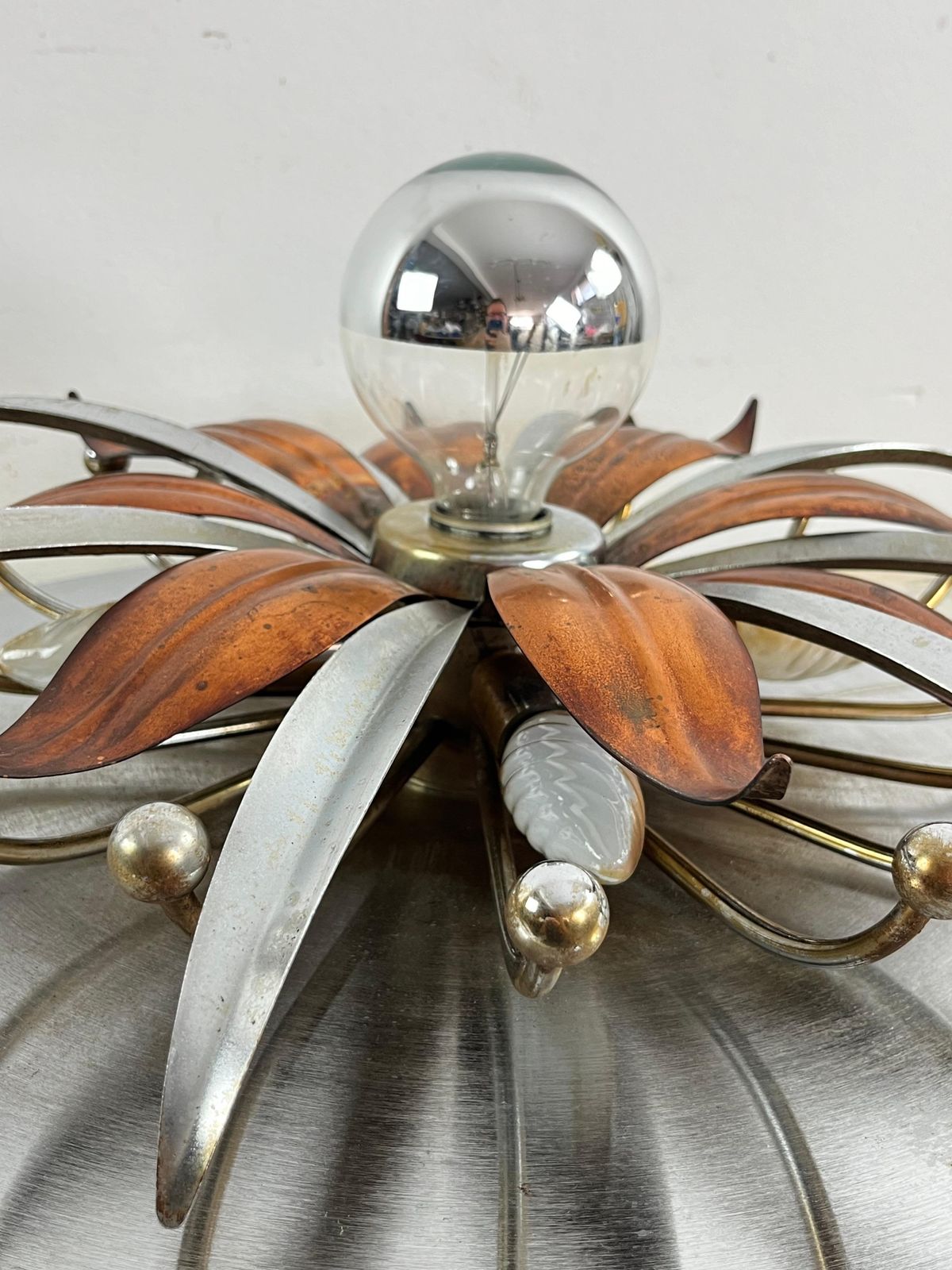 photo furniture Mid Century Steel And Copper 5 Light Ceiling Light, Made In Italy 1960s