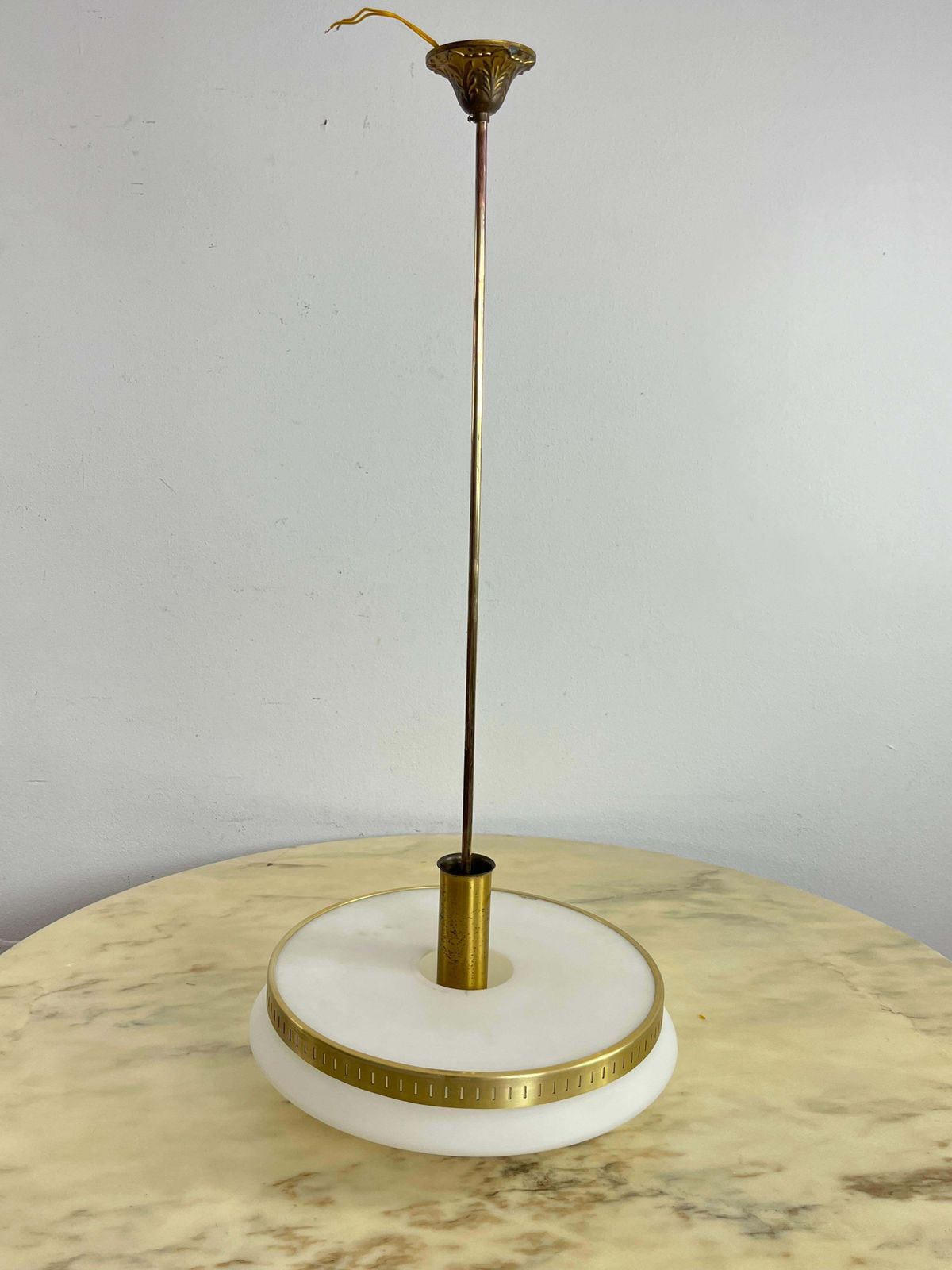Mid Century Stilux Milano Chandelier In Opaline Glass, Perspex And Brass 1960s photo buy
