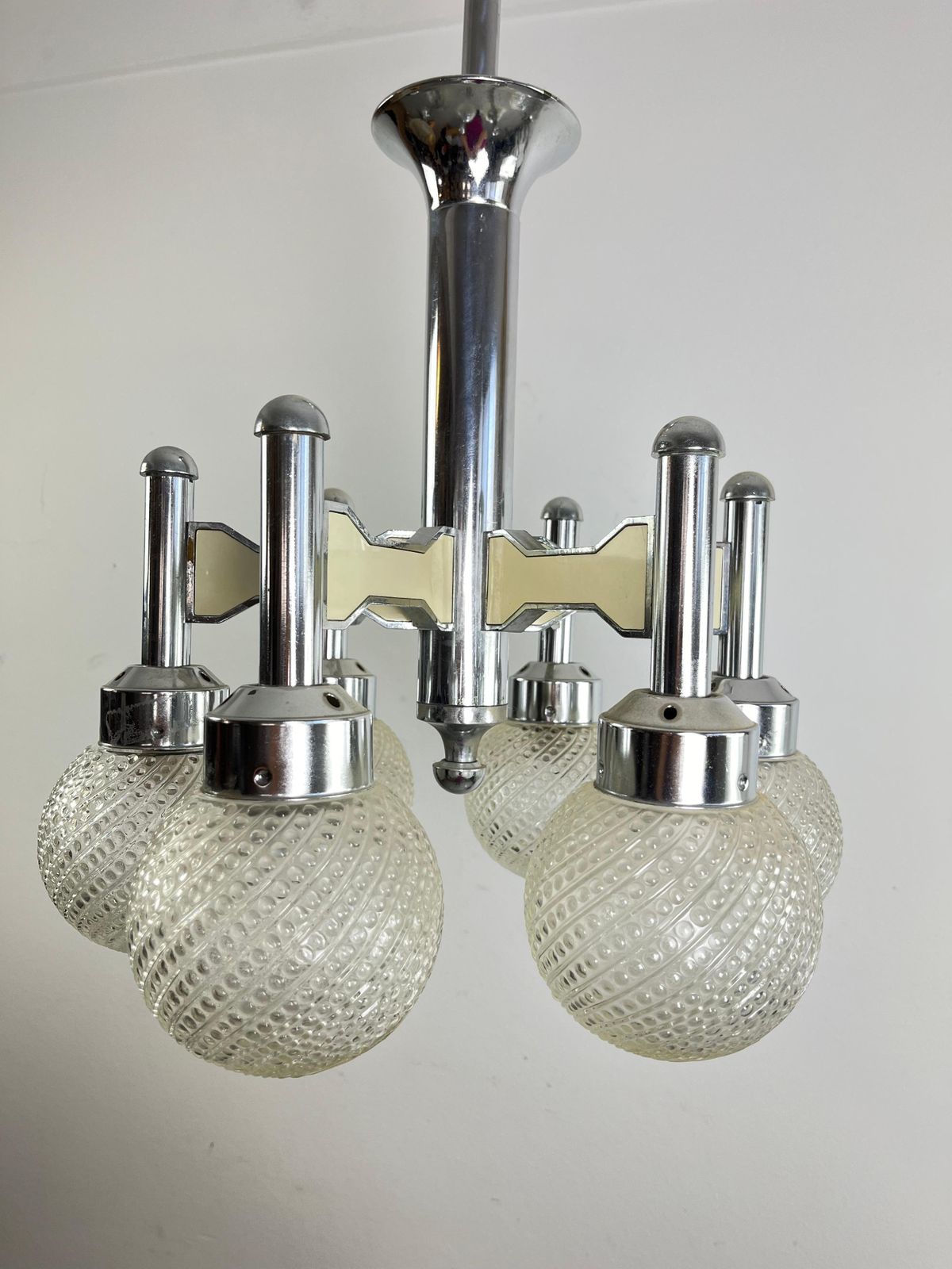 Vintage Six Light Steel And Murano Glass Chandelier Attributed To L. Frigerio photo buy