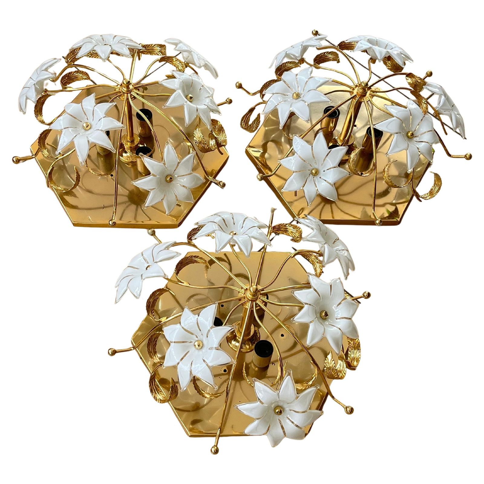 Set Of 3 Midcentury Floral Murano Glass Ceiling Lights, 1960s