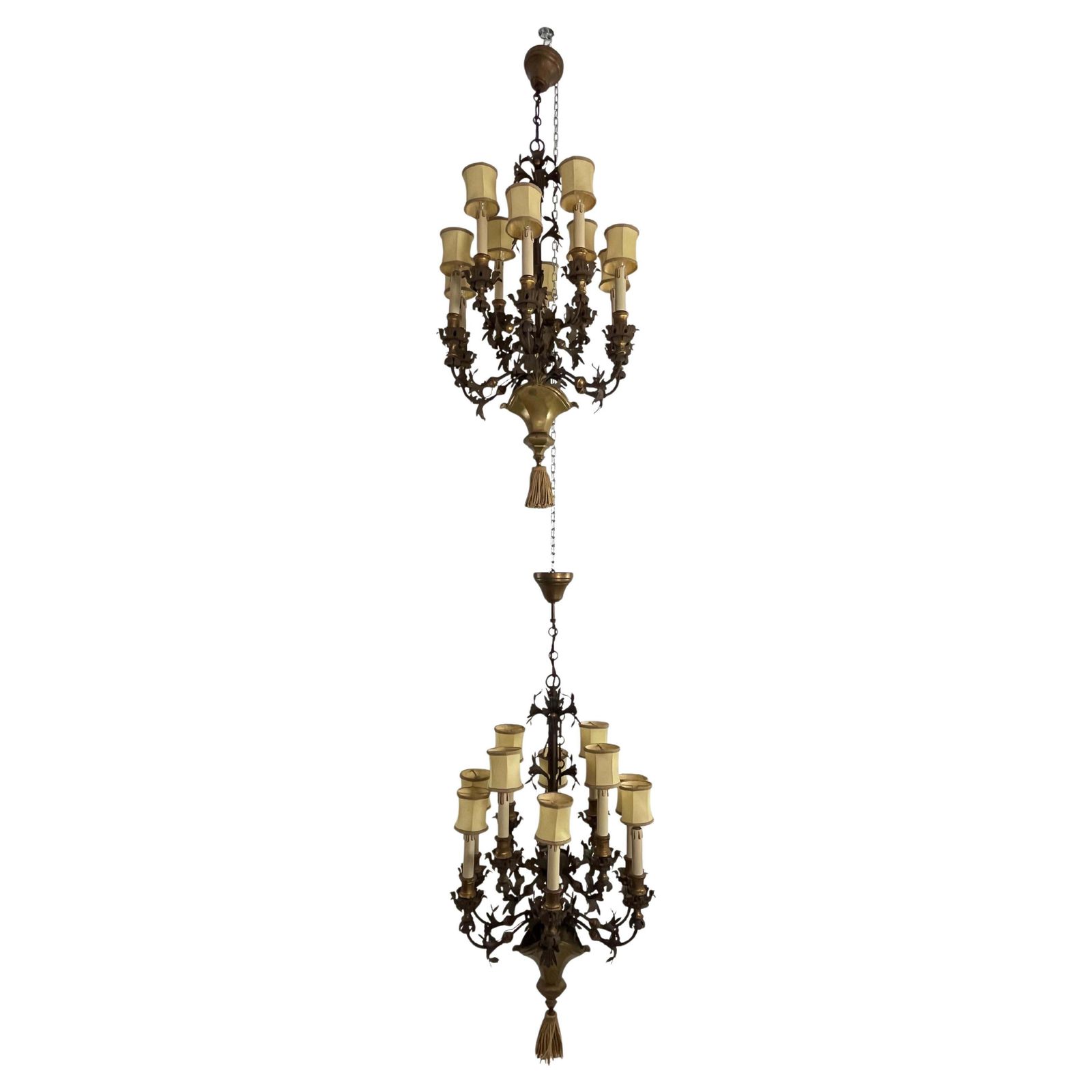 Prestigious Set Of 2 French 10 Light Chandeliers In Wrought Iron And Brass, 1980 photo furniture