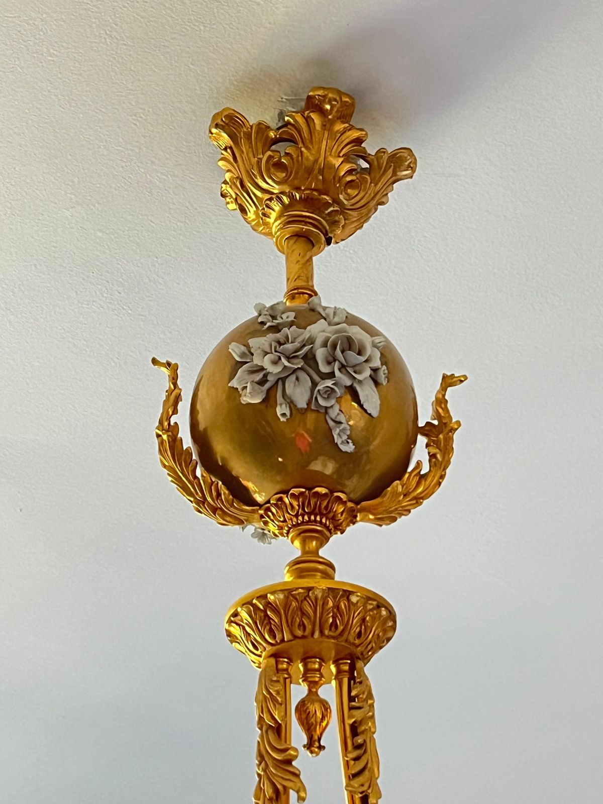 Large Two Light Brass And Porcelain Chandelier, Italy, 1980s photo furniture