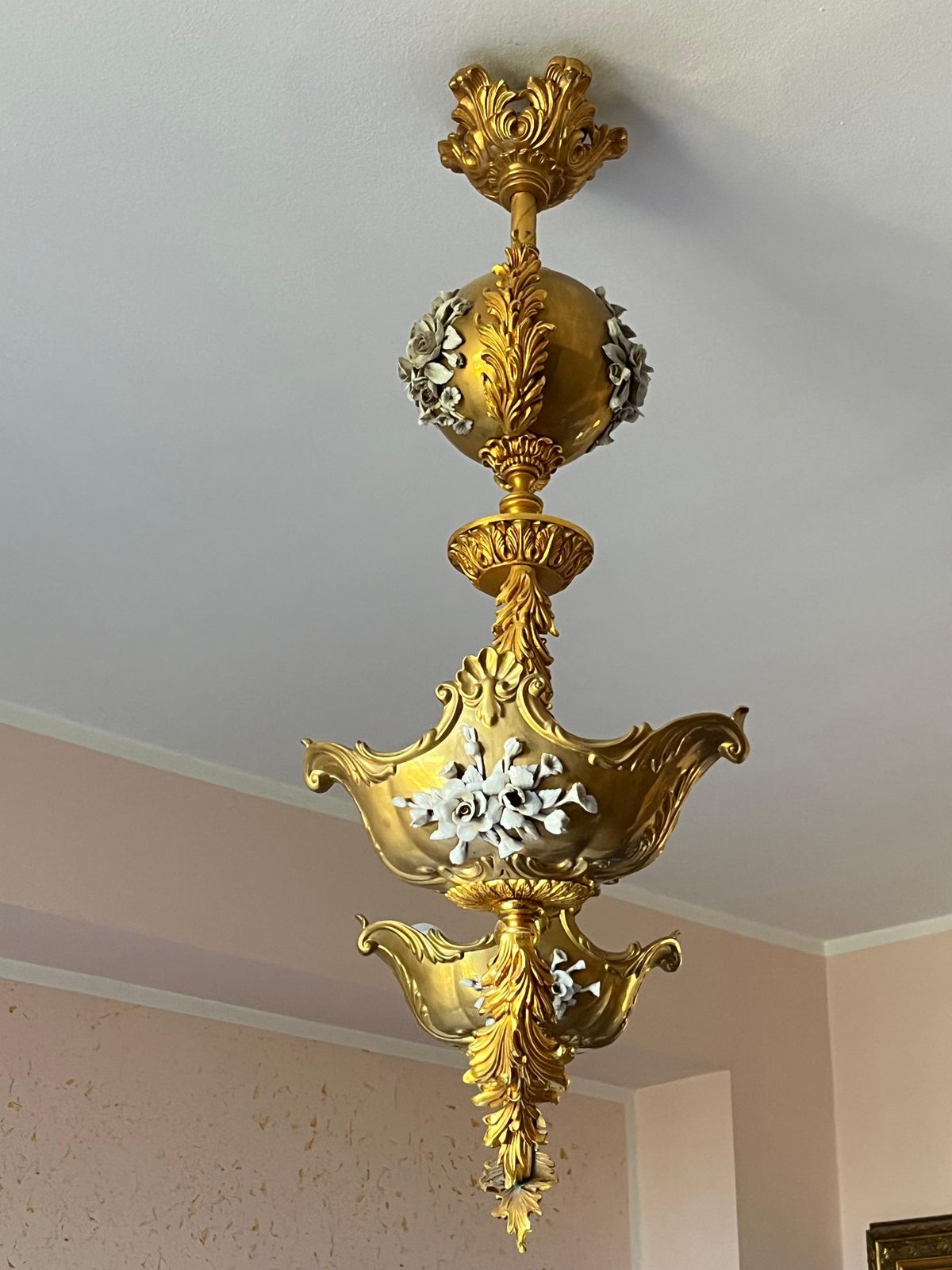 Large Two Light Brass And Porcelain Chandelier, Italy, 1980s photo Lighting