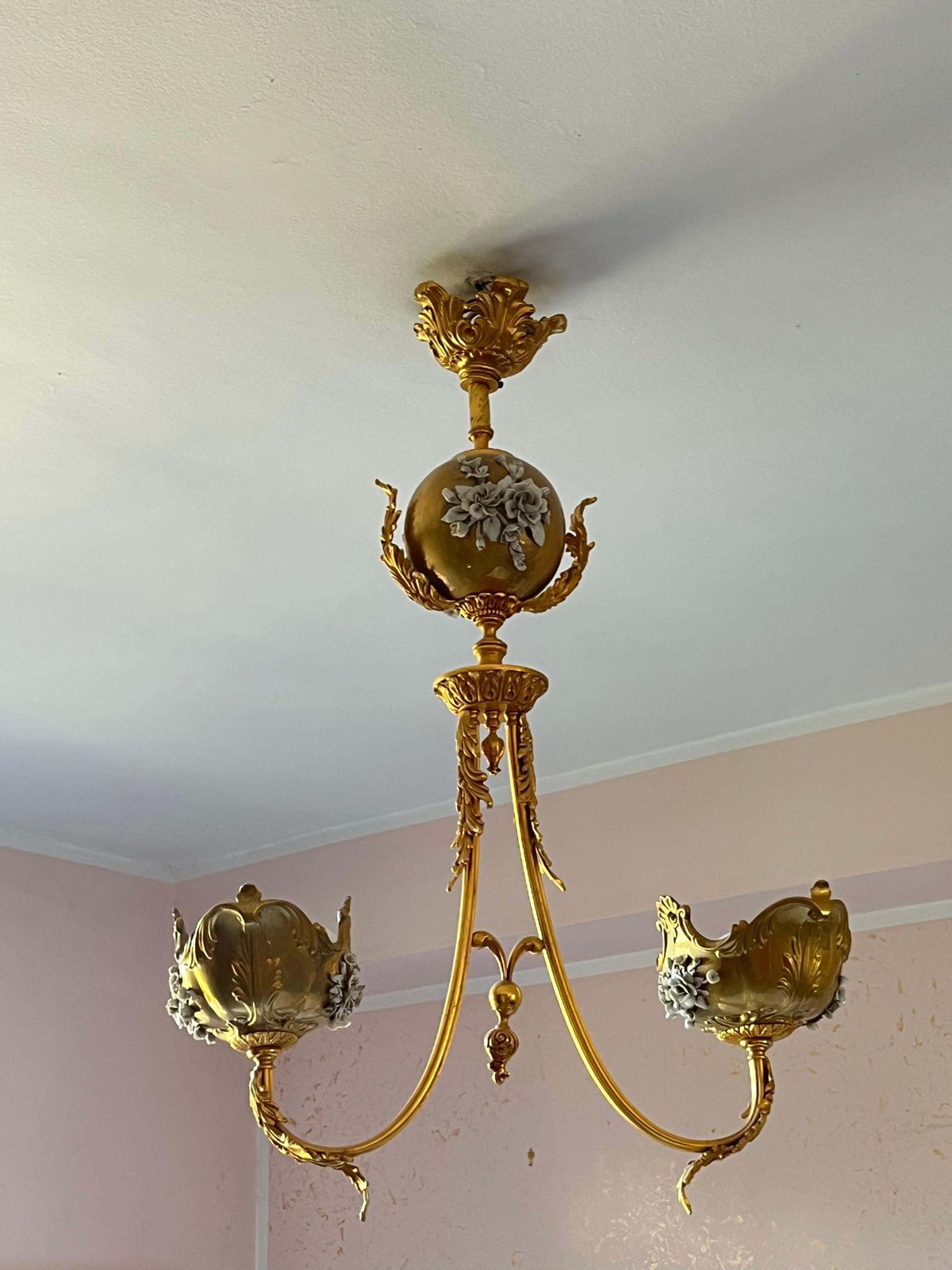 Large Two Light Brass And Porcelain Chandelier, Italy, 1980s photo vinterior