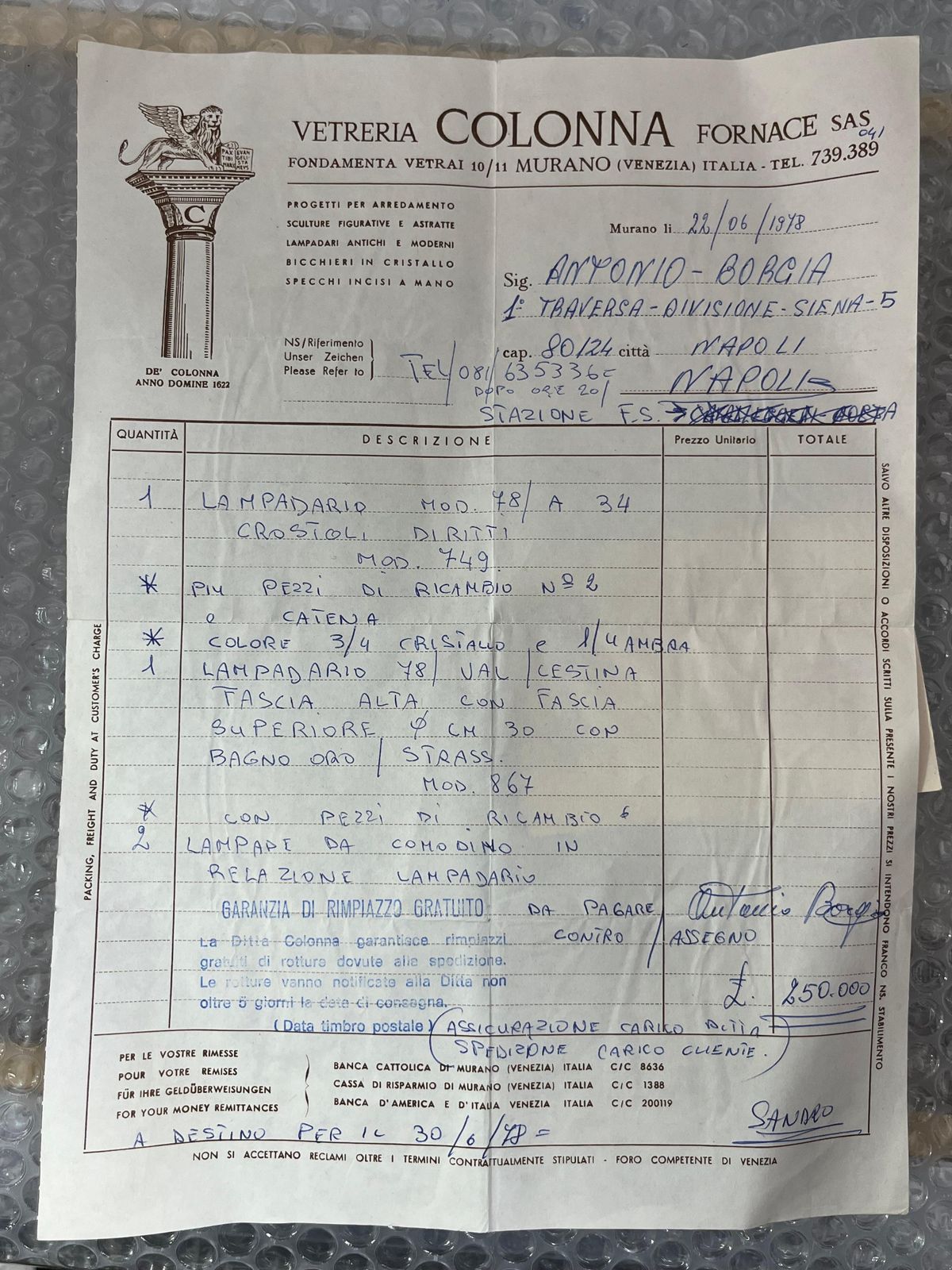 Large 9 Light Murano Glass Chandelier Purchase Invoice From 1978 photo Lighting
