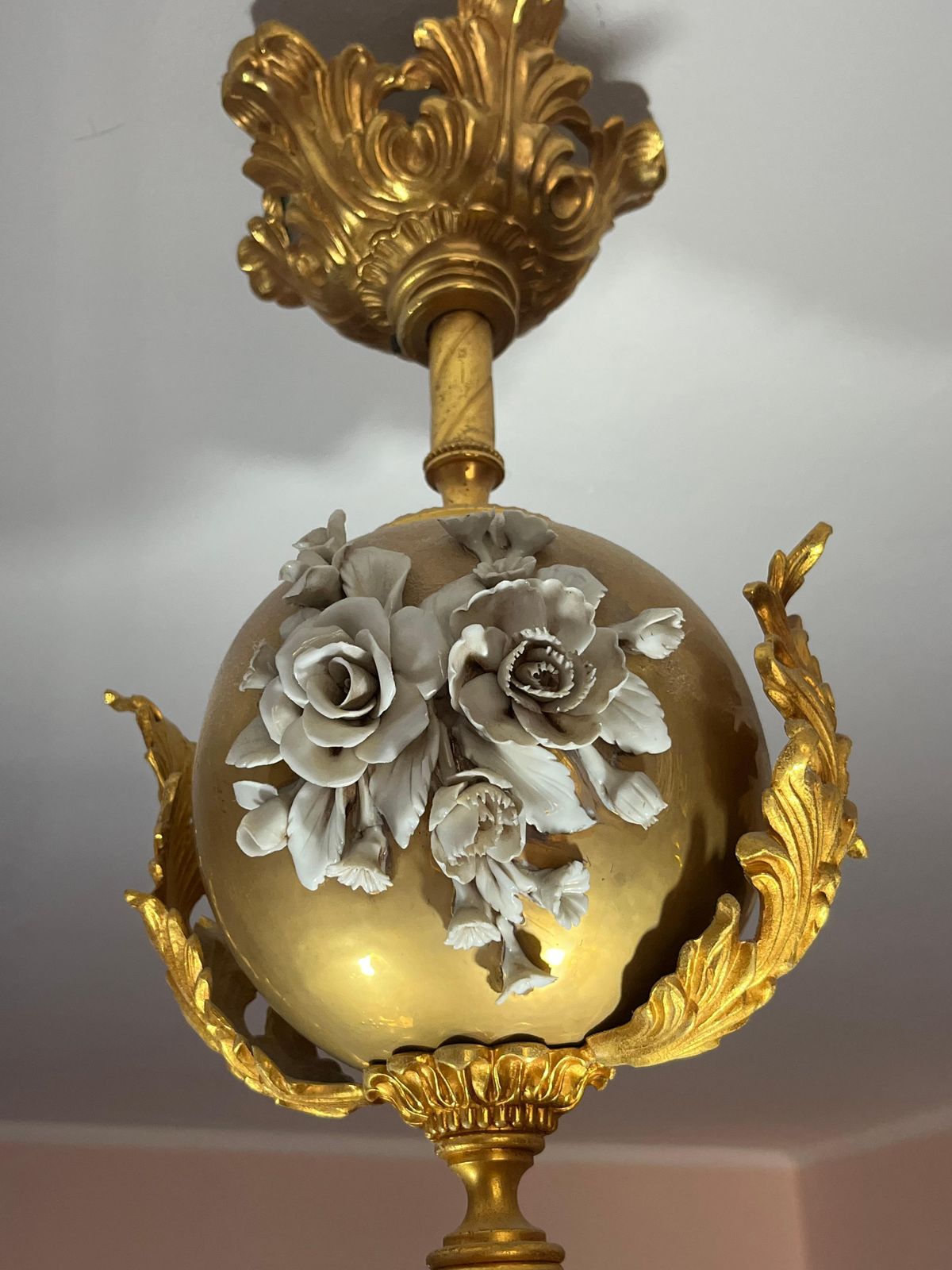 Large Two Light Brass And Porcelain Chandelier, Italy, 1980s photo vintage