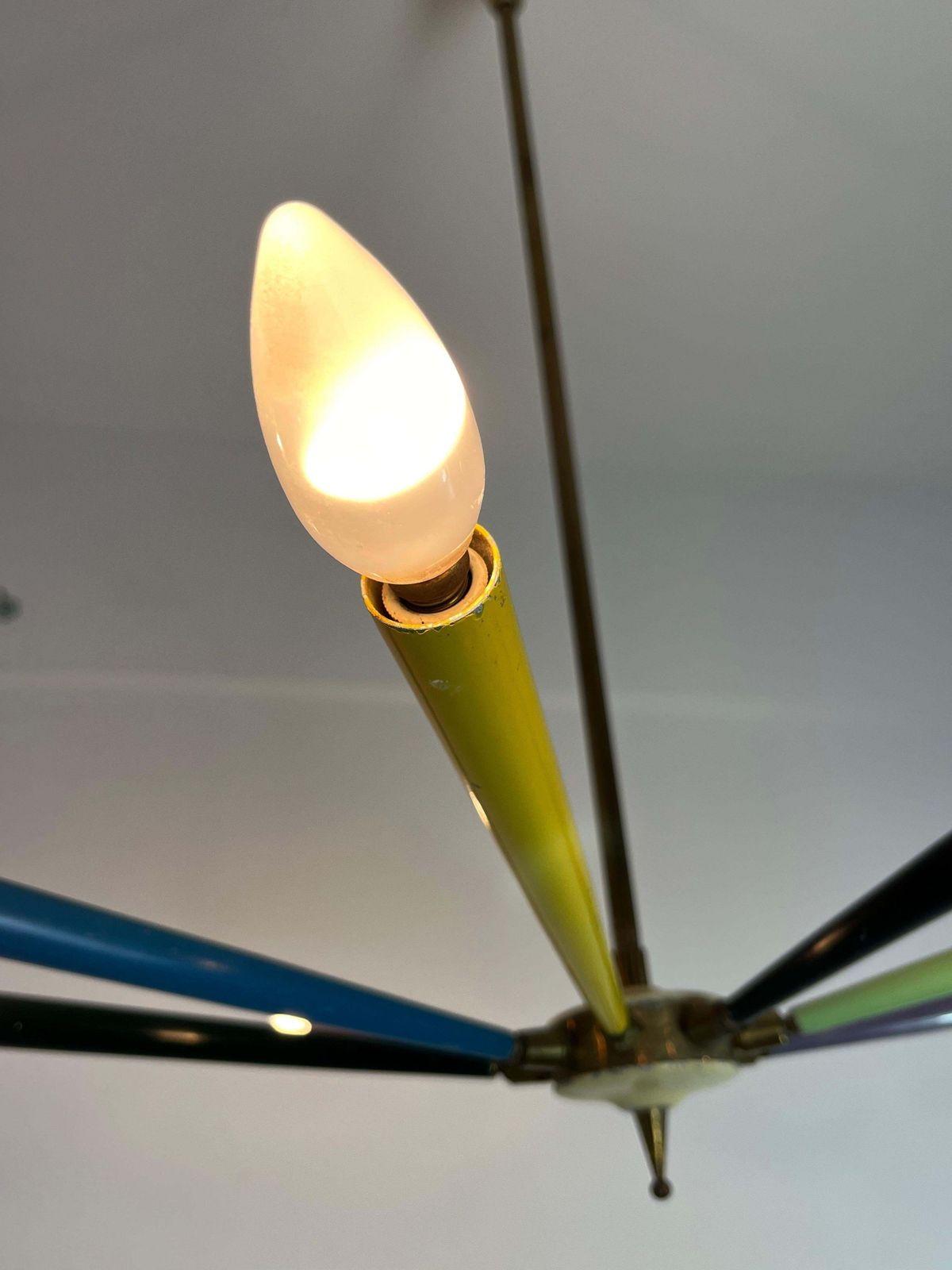 photo for sale Mid Century Sputnik Chandelier 8 Brass Arms, Colored Enamels, Arredoluce 1950s