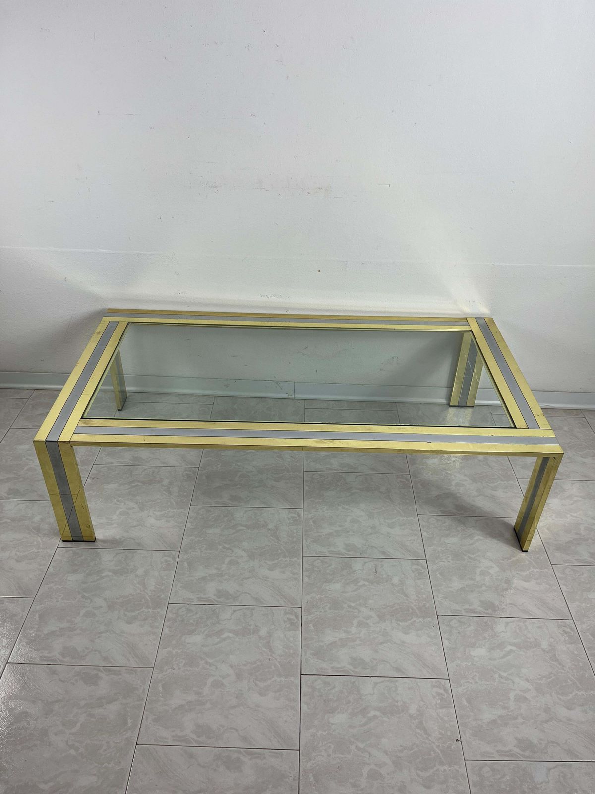 Large Coffee Table In Brass And Chromed Metal Attributed To Romeo Rega, 1970s photo for sale