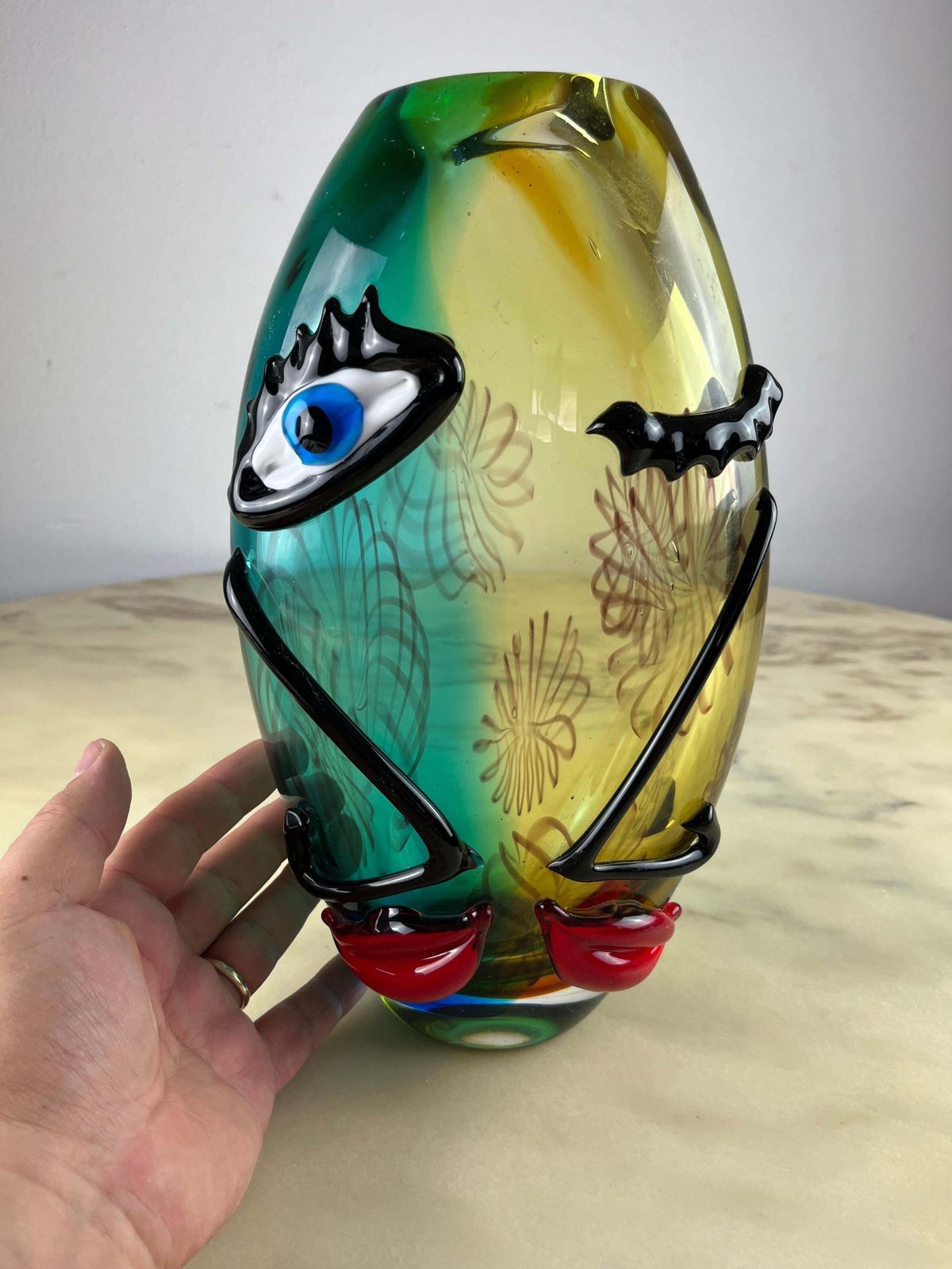 Mid Century Multicolor Murano Glass Vase Attributed To Alfredo Barbini 1980s photo for sale