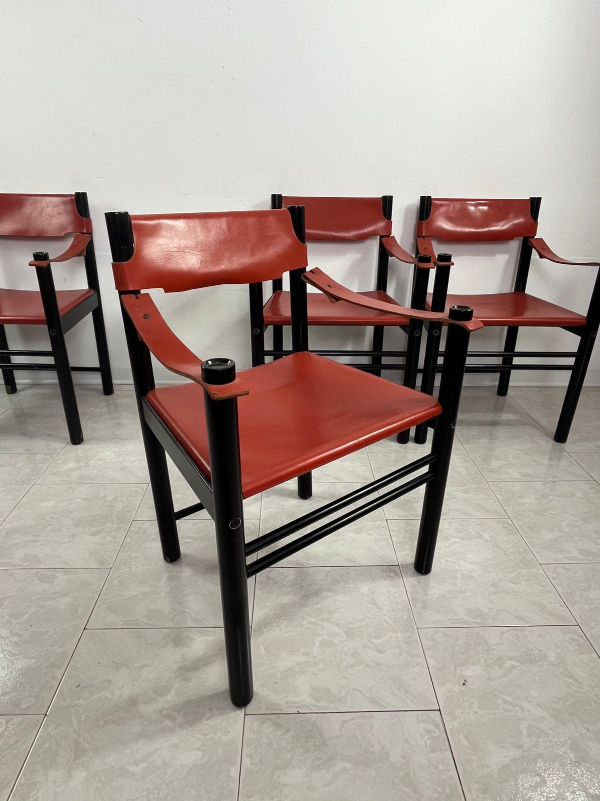 Set Of 4 Mid Century Ibisco Leather Armchairs Made In Italy 1960s photo for sale