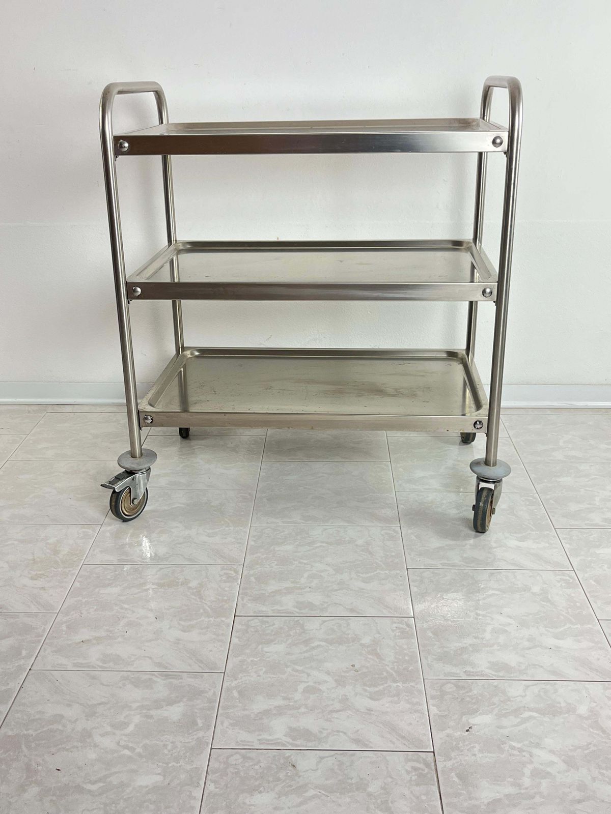 Useful Steel Serving Trolley With Swivel Wheels, Italian Design 1980s photo vintage