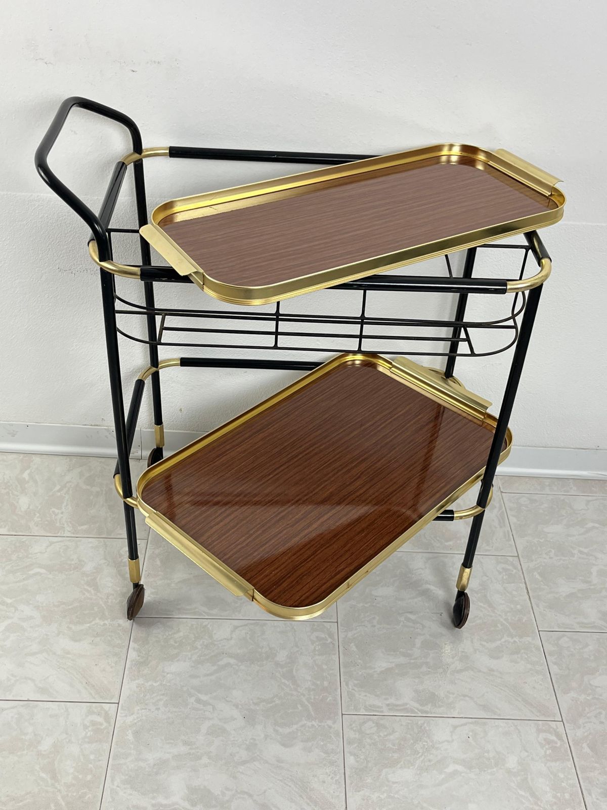 Mid Century Brass Bar Cart In The Style Of Ico Parisi Removable Trays 1960s photo for sale