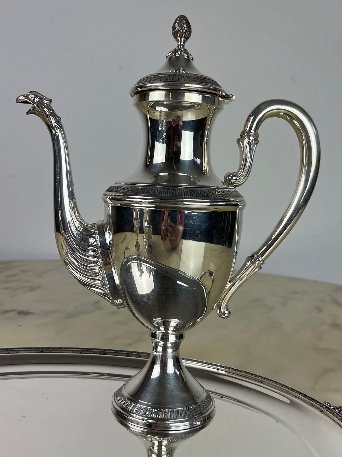 4 Piece Tea And Coffee Service Plus Tray, Empire Style, 800 Silver, Italy, 1980 photo buy