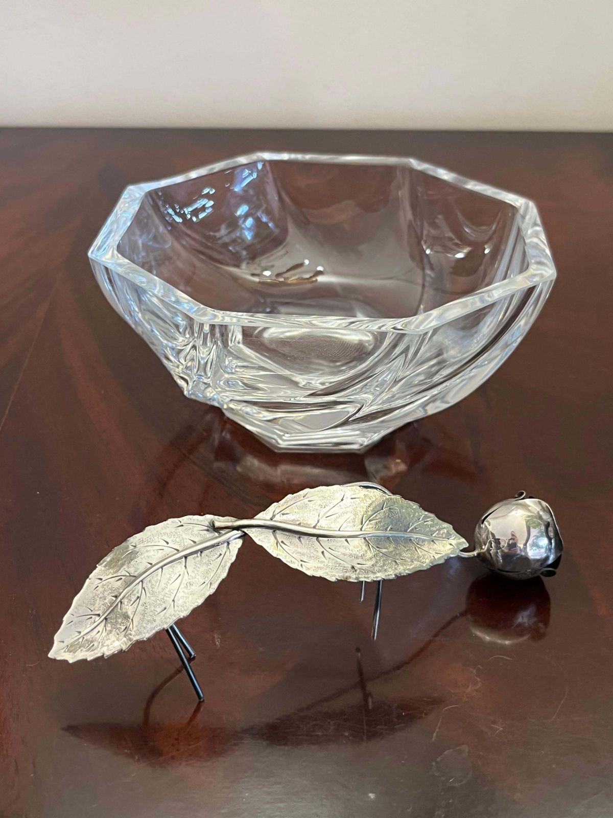 Crystal Ashtray/Valet Tray With Handcrafted 800 Silver Flower, Italy, 1990s photo Home Decor