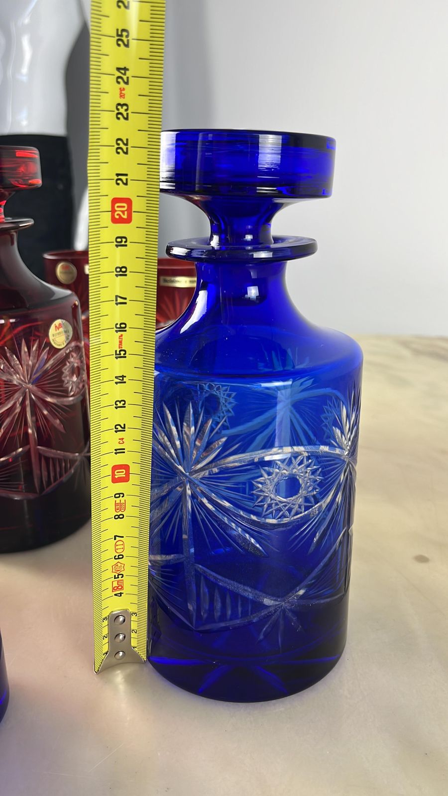 photo for sale Set Of Bottle And 6 Glasses In Colored And Hand Engraved Crystal, Italy, 1980s
