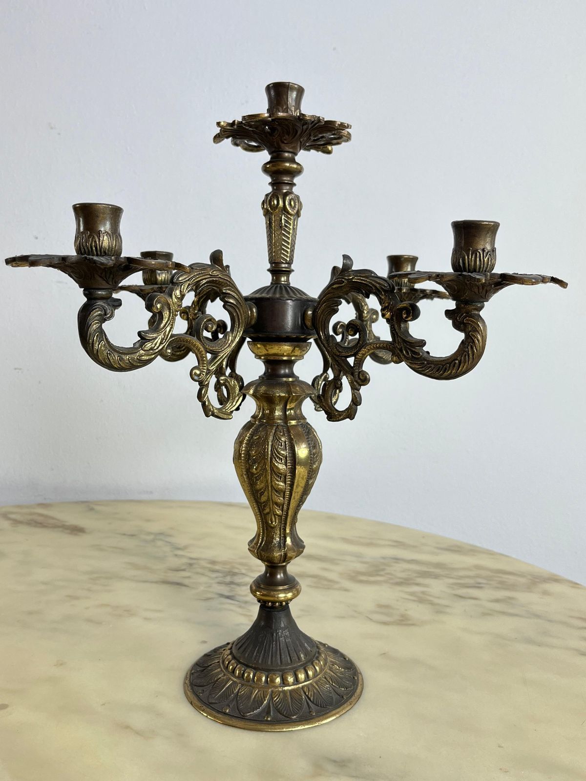 Set Of 2 Large Mid Century Bronze 5 Flame Candlesticks 1960s photo for sale