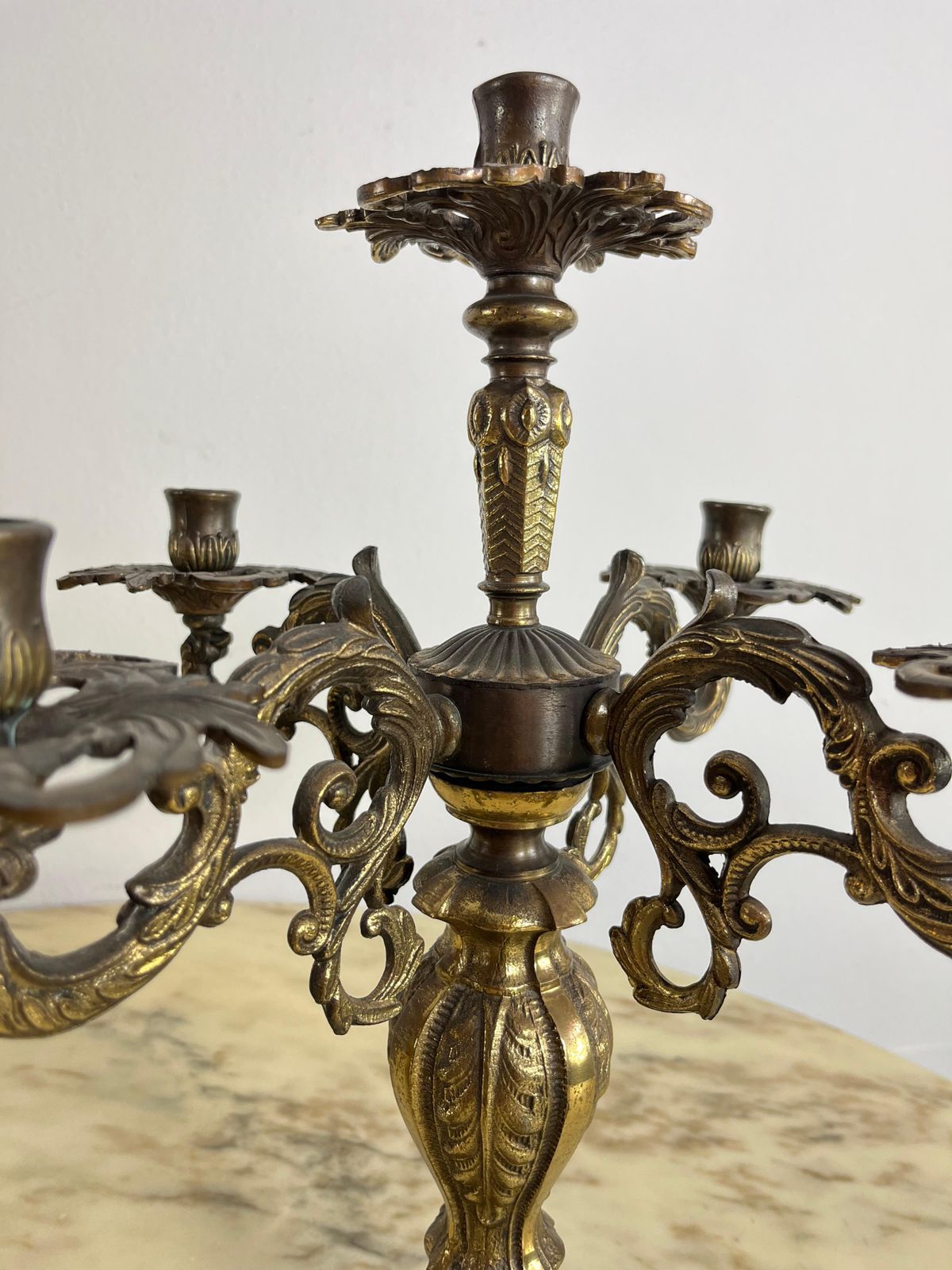 Set Of 2 Large Mid Century Bronze 5 Flame Candlesticks 1960s photo vinterior