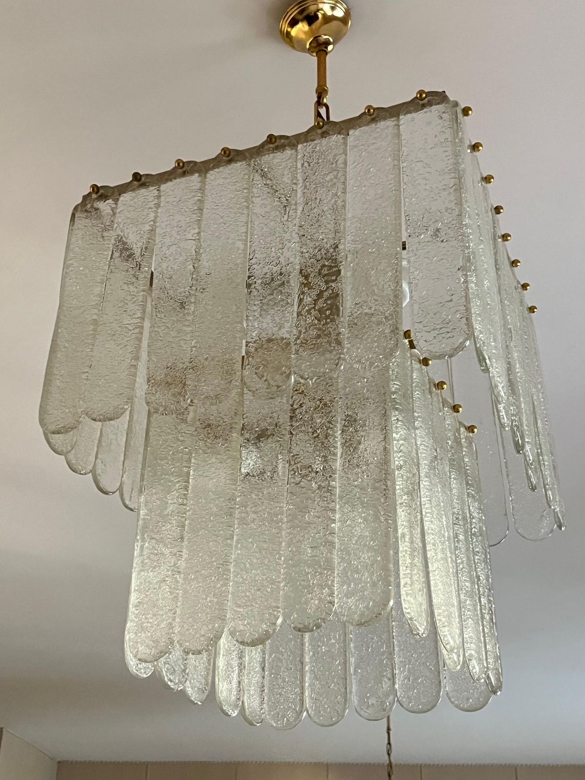 Set Of 2 Mid Century Monumental Murano Glass And Brass Chandeliers, 1960s photo vintage