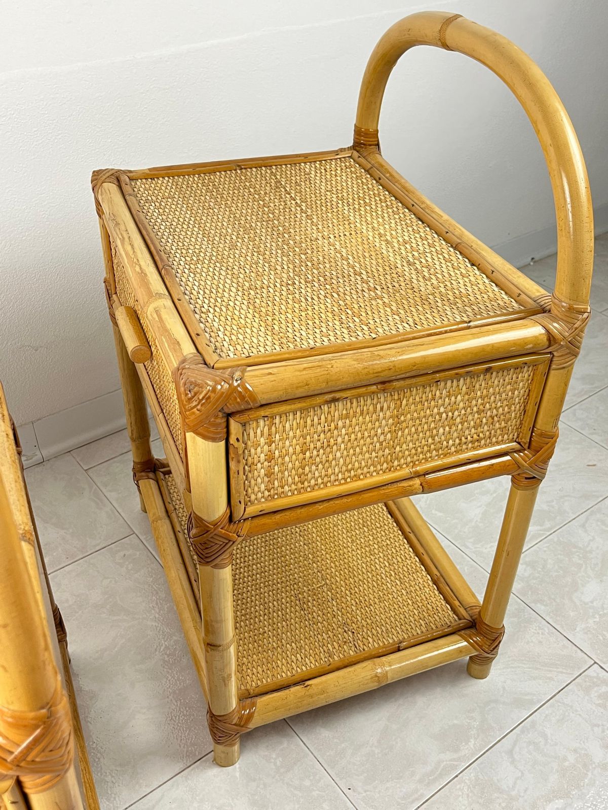 Pair Of Vintage Italian  Bamboo And Rattan Bedside Tables 1970s photo buy