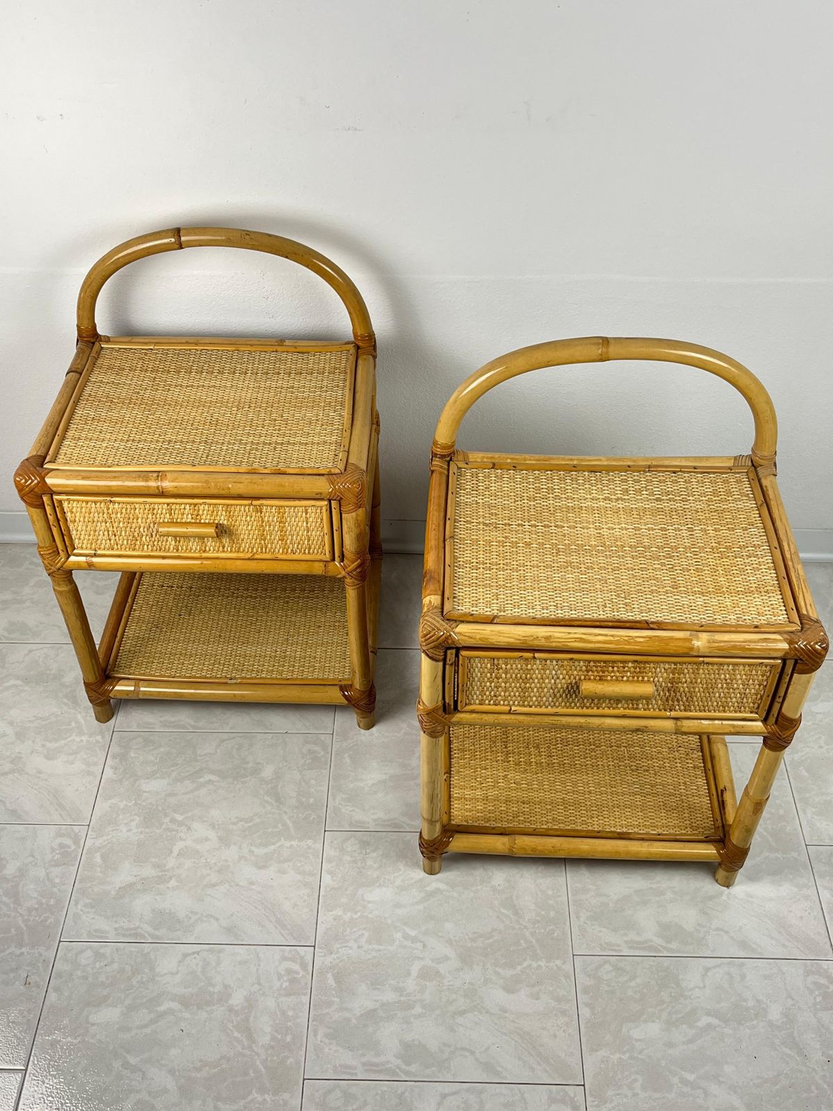 Pair Of Vintage Italian  Bamboo And Rattan Bedside Tables 1970s photo vintage