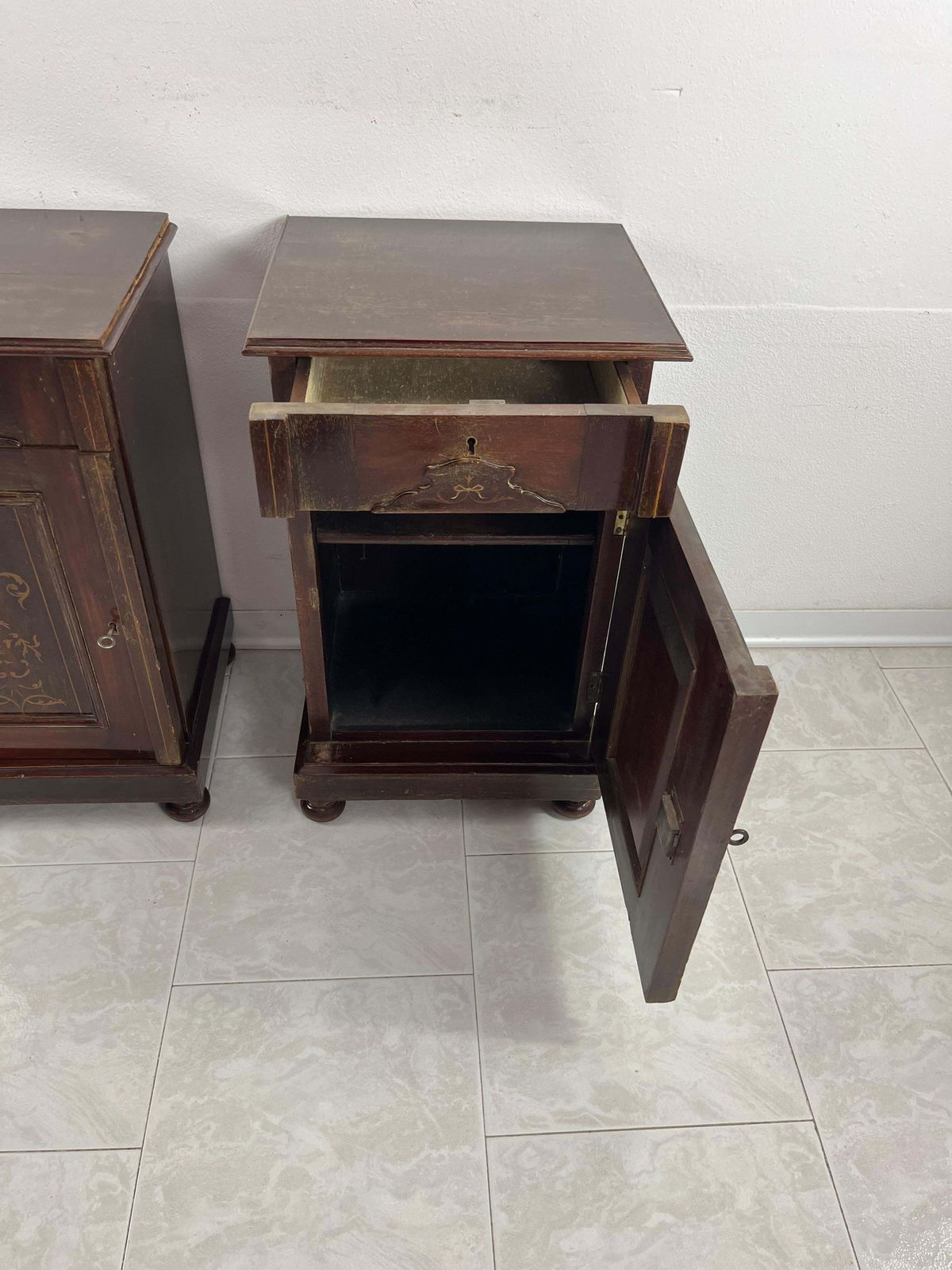 Set Of 2 English Edwardian Bedside Tables With Inlays, 1930s photo vintage