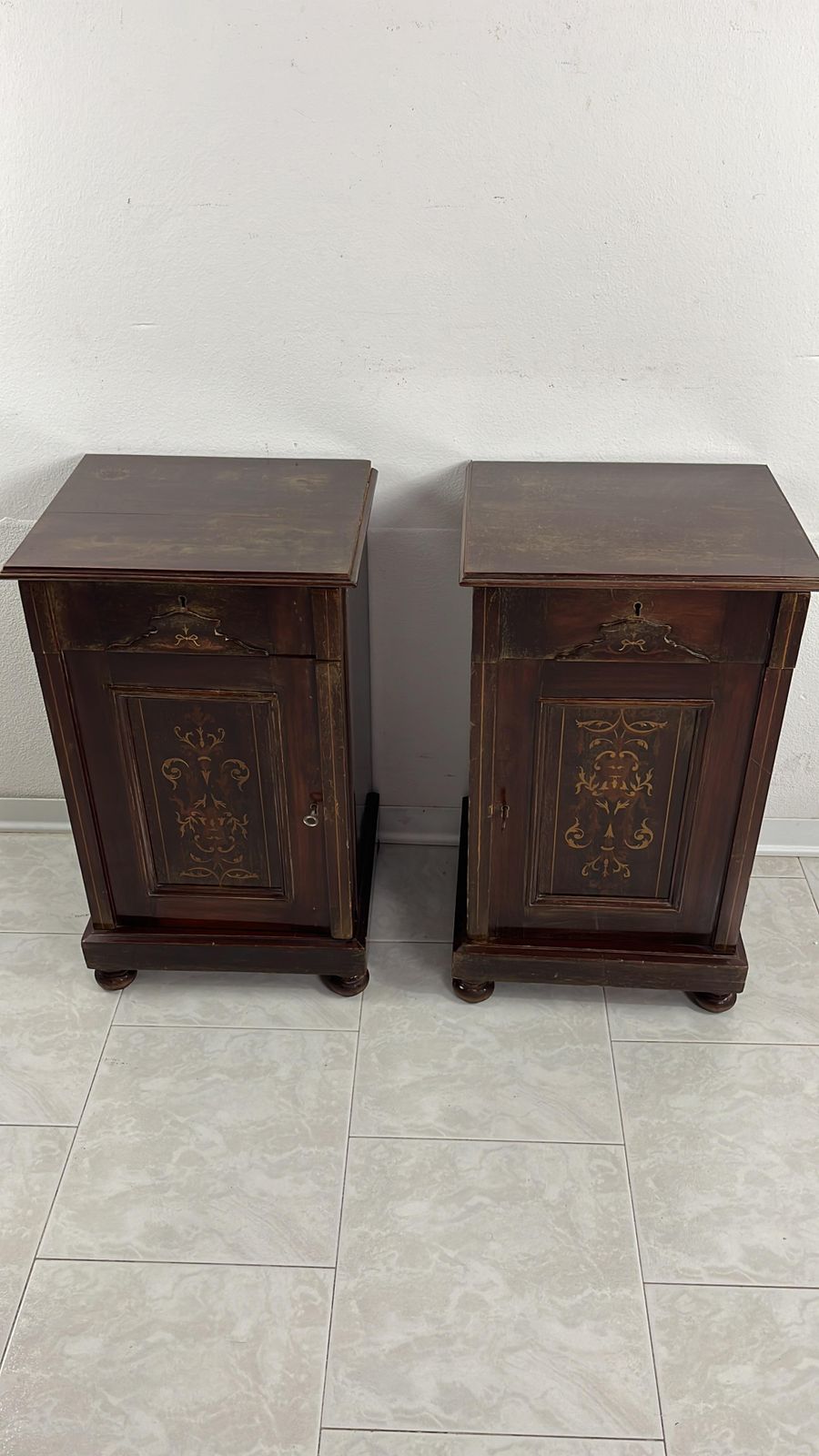 Furniture Set Of 2 English Edwardian Bedside Tables With Inlays, 1930s photo