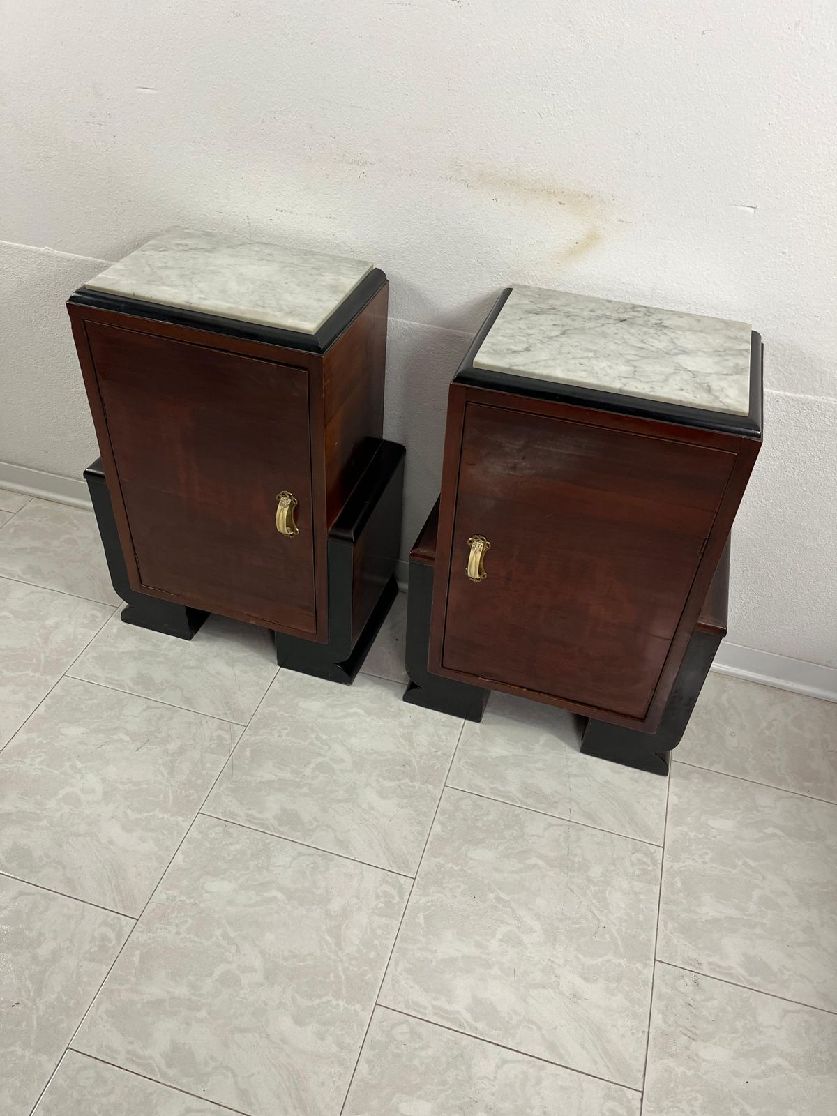 photo buy Set Of 2 Italian Art Deco Bedside Tables With Marble Top, 1930s