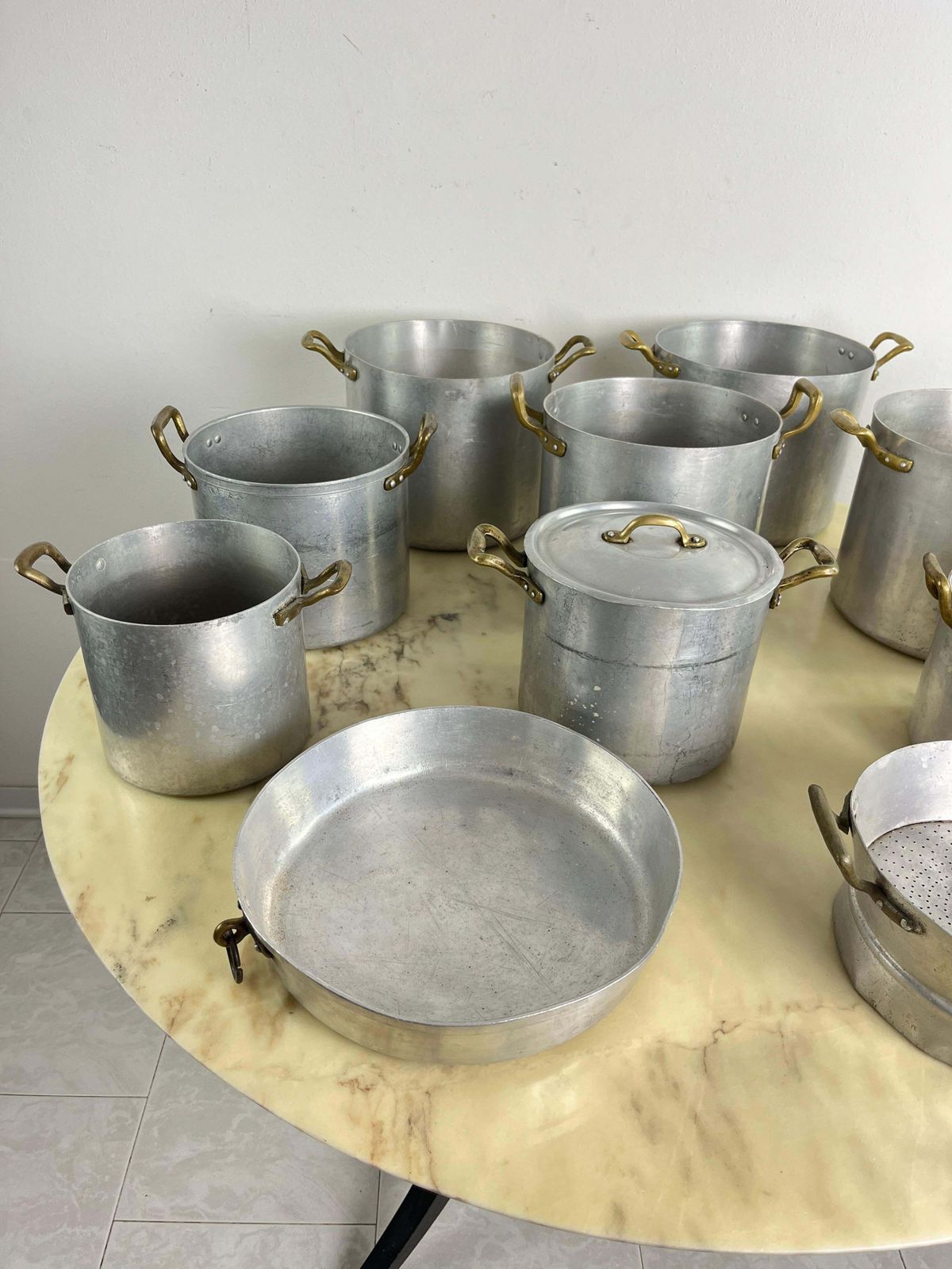 Set Of 10 Mid Century Aluminum And Brass Pots, Baking Pan And Sieve 1940s photo 845.0