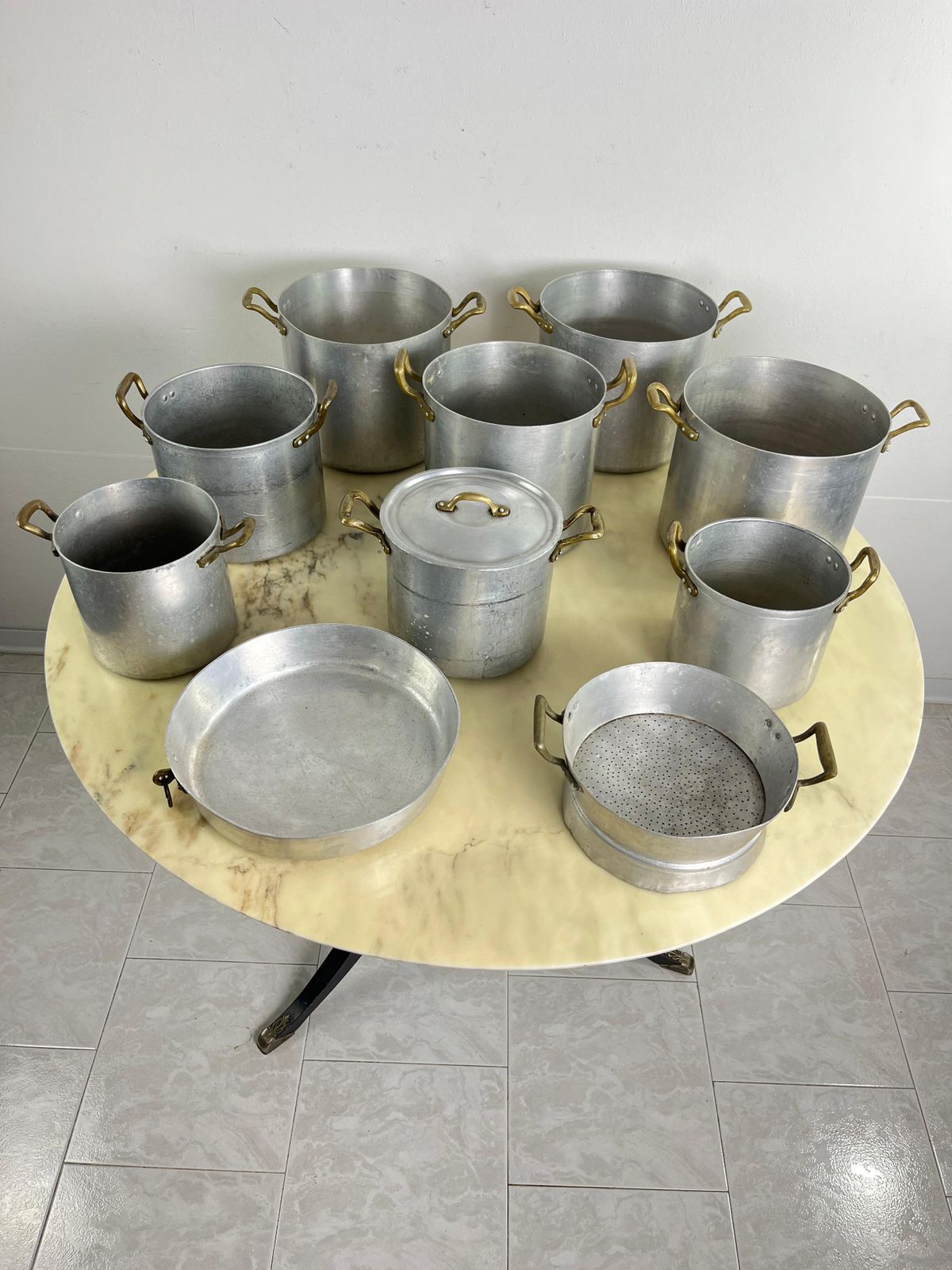 Set Of 10 Mid Century Aluminum And Brass Pots, Baking Pan And Sieve 1940s photo vinterior