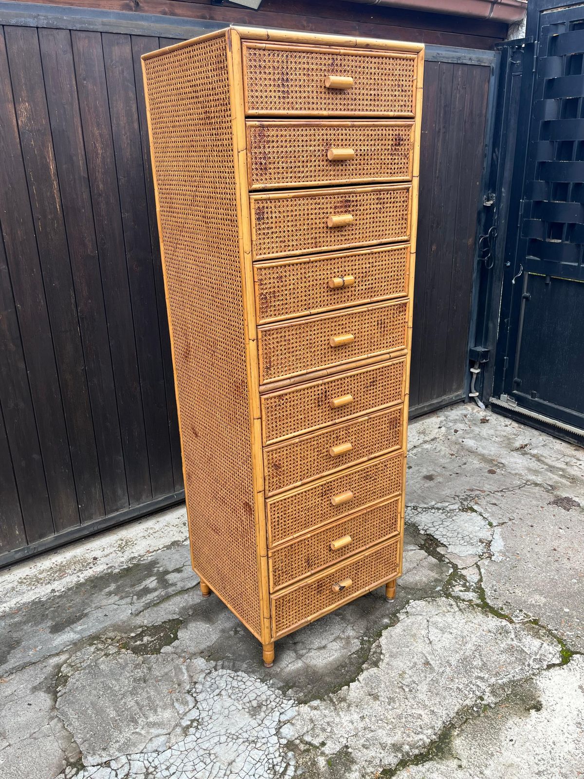 Mid Century Italian 10 Drawer Rattan And Bamboo Chest Of Drawers, 1960s photo for sale