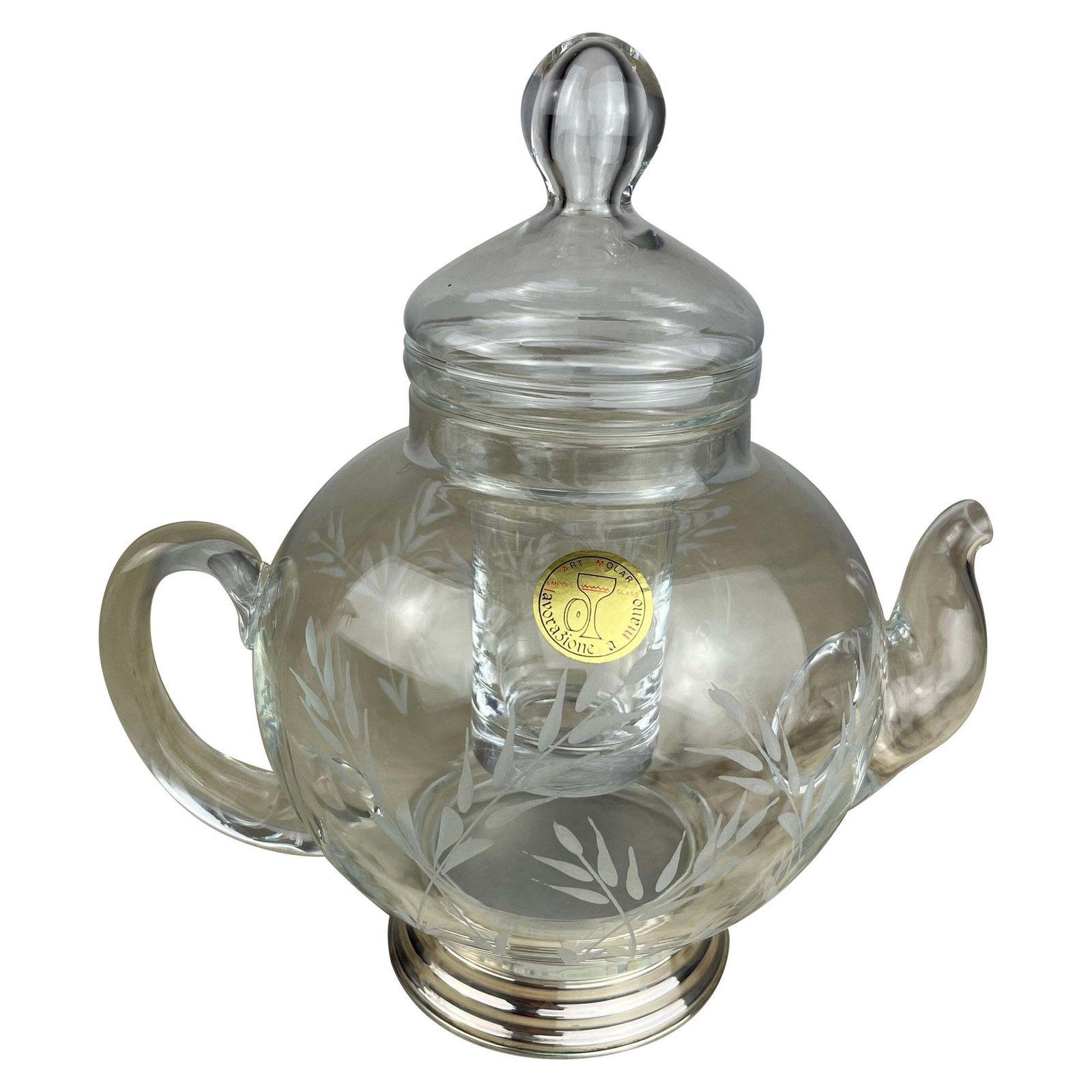 Vintage Hand Engraved Crystal Carafe, With Ice Bucket And 800 Silver Base, 1980s