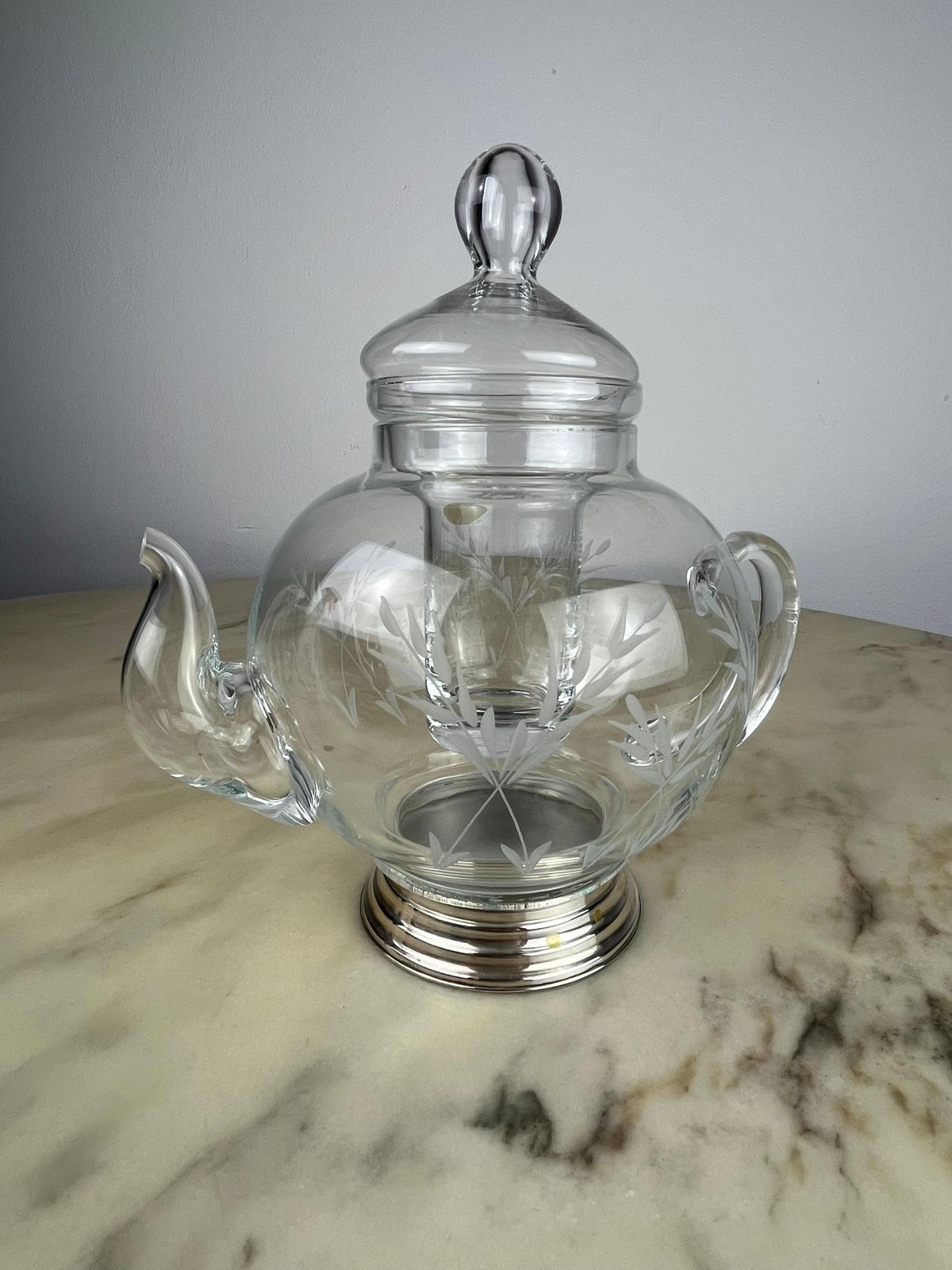 Vintage Hand Engraved Crystal Carafe, With Ice Bucket And 800 Silver Base, 1980s photo buy