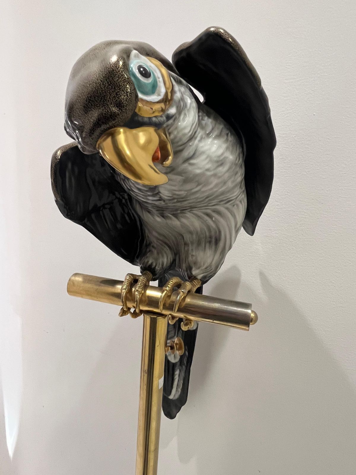 photo furniture Mid Century Ceramic Parrot And Brass Perch, Made In Italy, 1960s