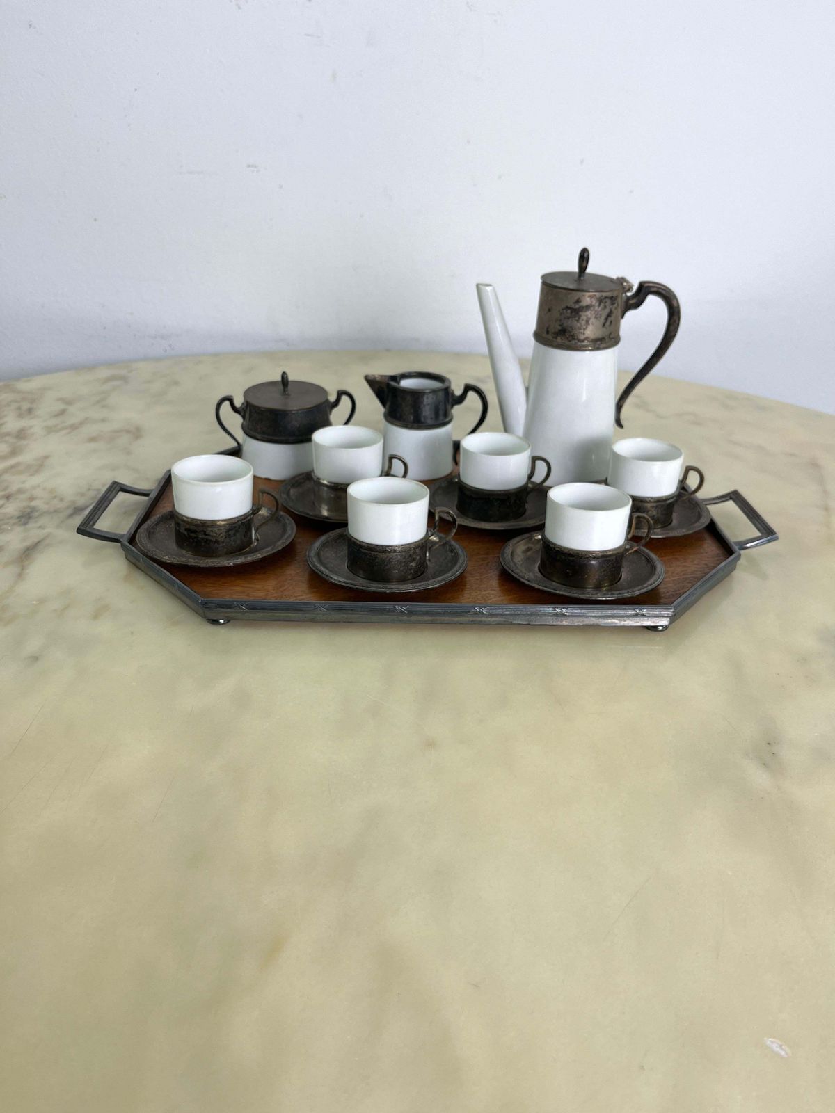 Art Deco Coffee Set For Six In Ceramic, Metal And Wood 1940s photo furniture