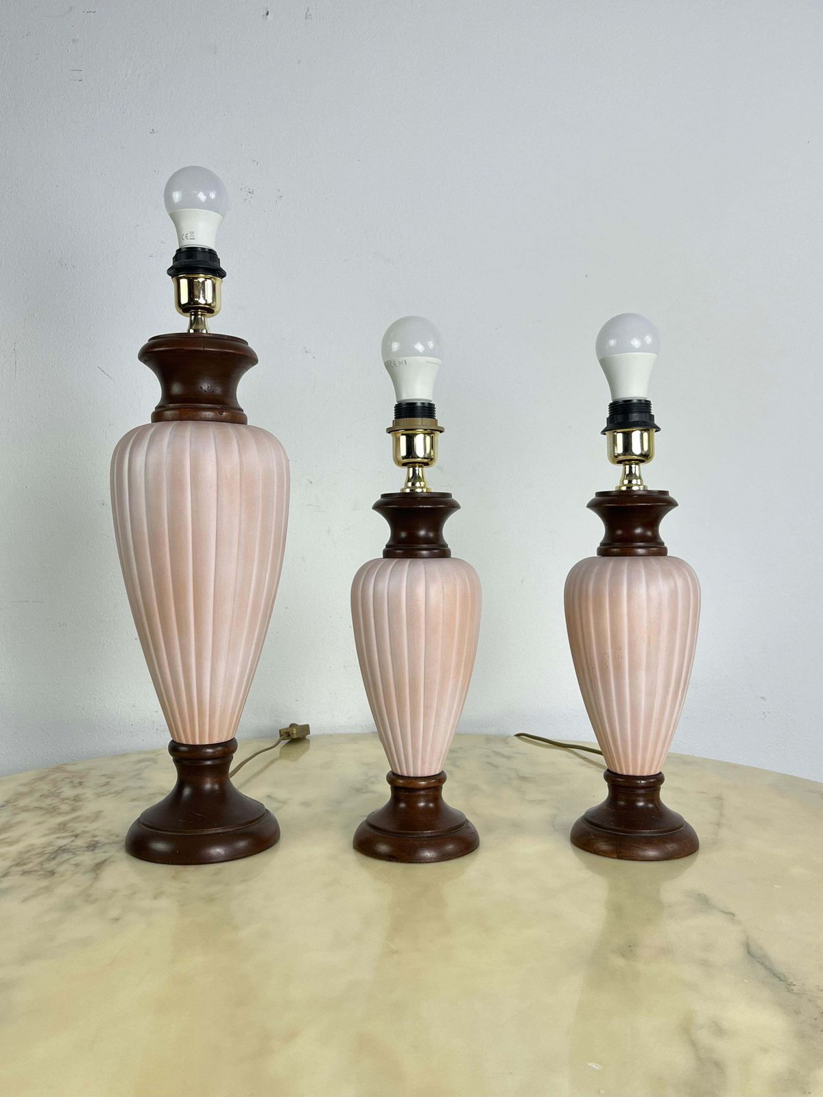 Set Of 3 Mid Century Italian Table Lamps In Wood And Ceramic 1960s photo furniture