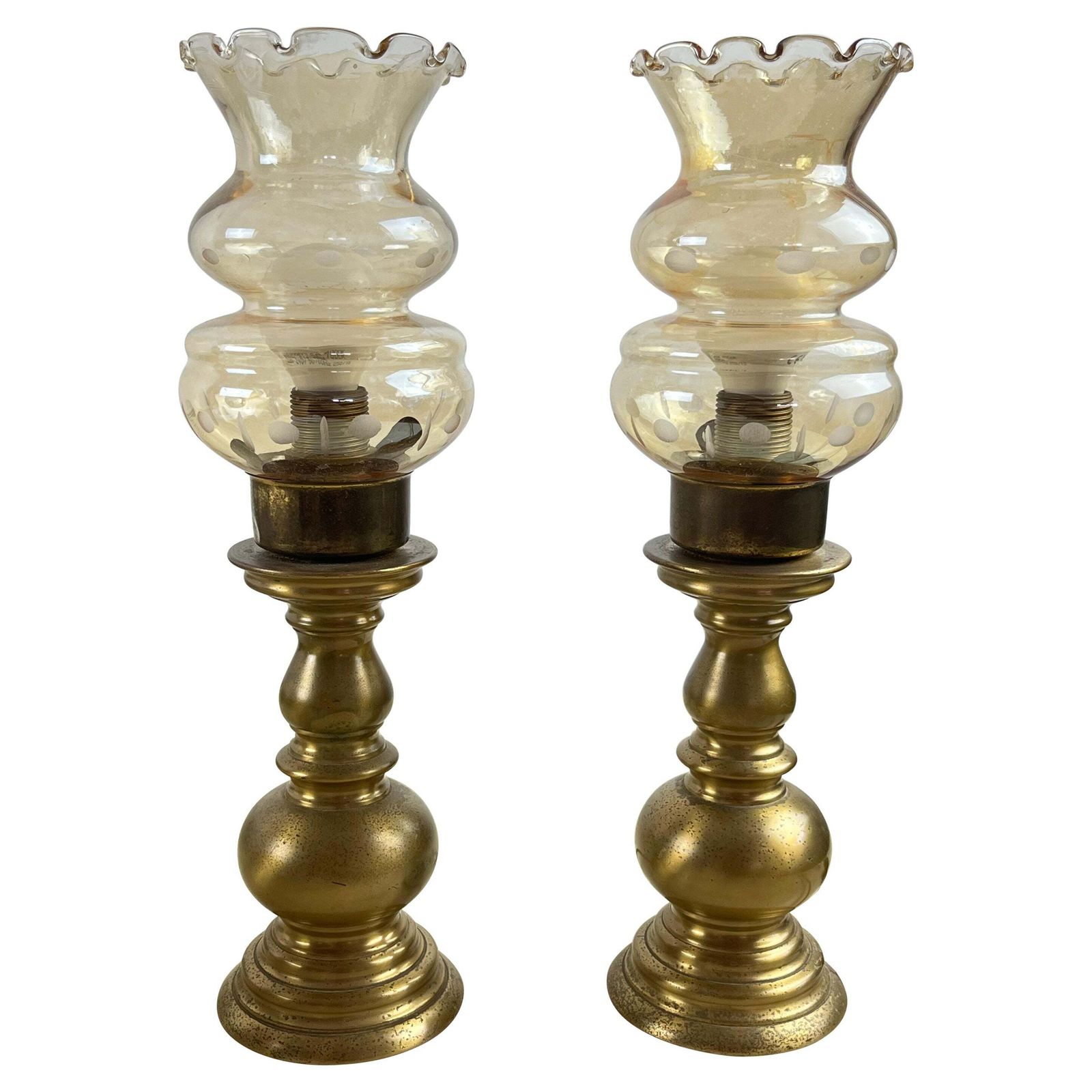 Pair Of Italian Bedside Table Lamps In Brass And Glass 1980s