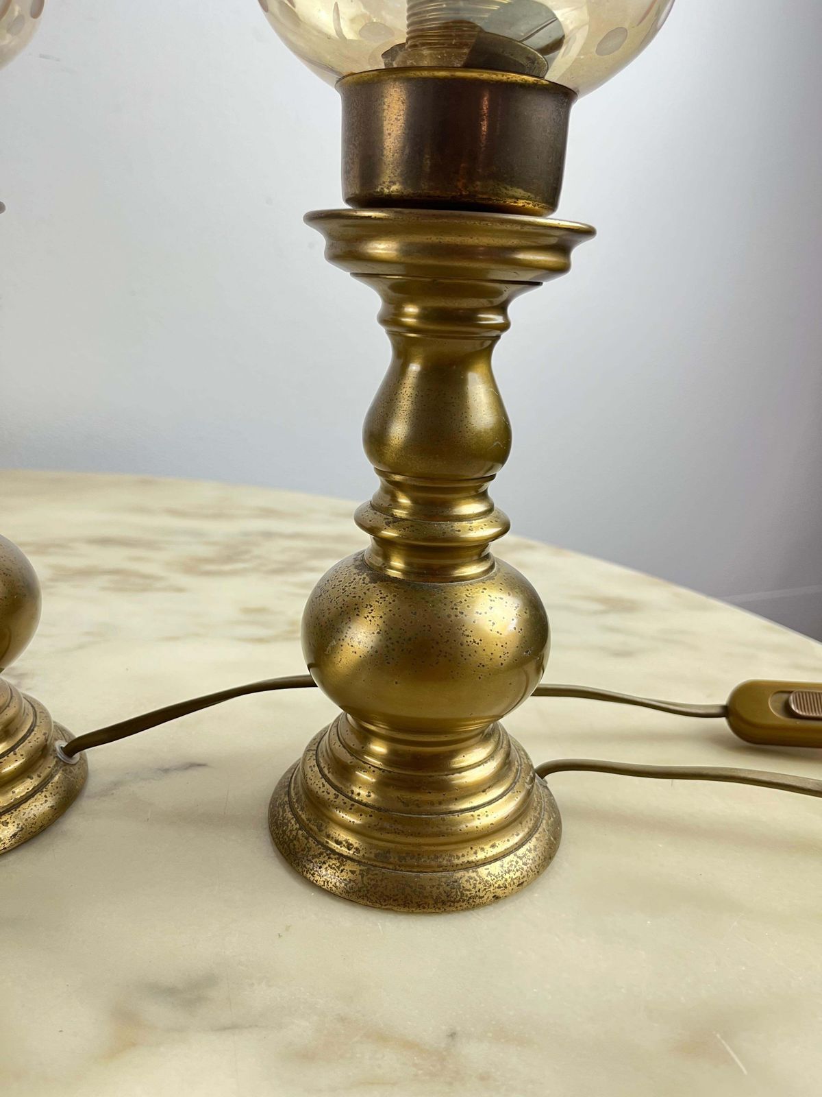 Pair Of Italian Bedside Table Lamps In Brass And Glass 1980s photo for sale