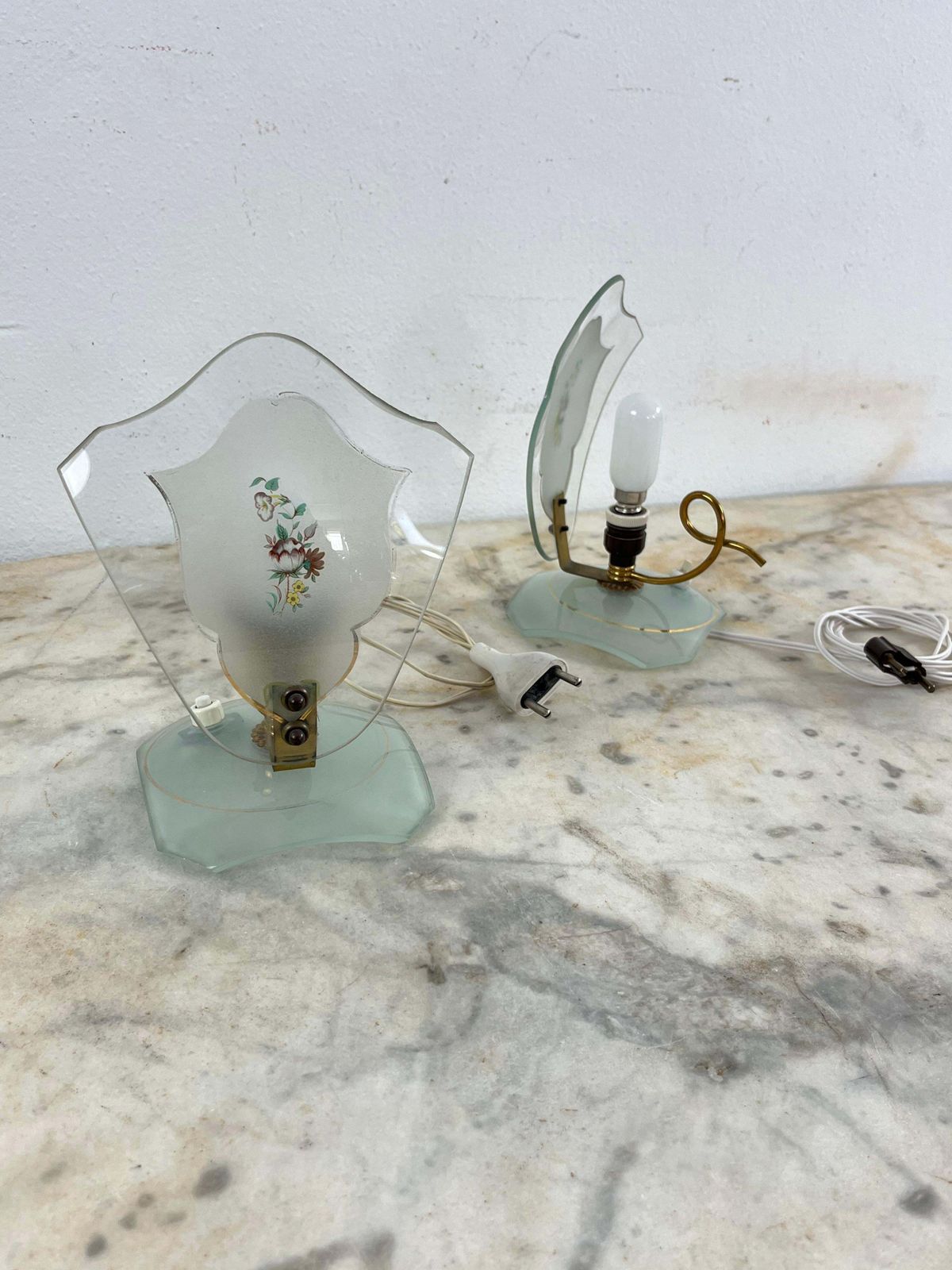 Set Of 2 Glass And Brass Bedside Lamps, In The Style Of Pietro Chiesa, 1950s photo 581.0