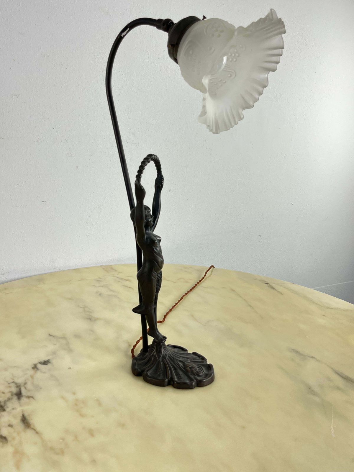 Table Lamp With Art Deco Bronze Statuette And White Art Glass Tulip Bowl 1940s photo vinterior