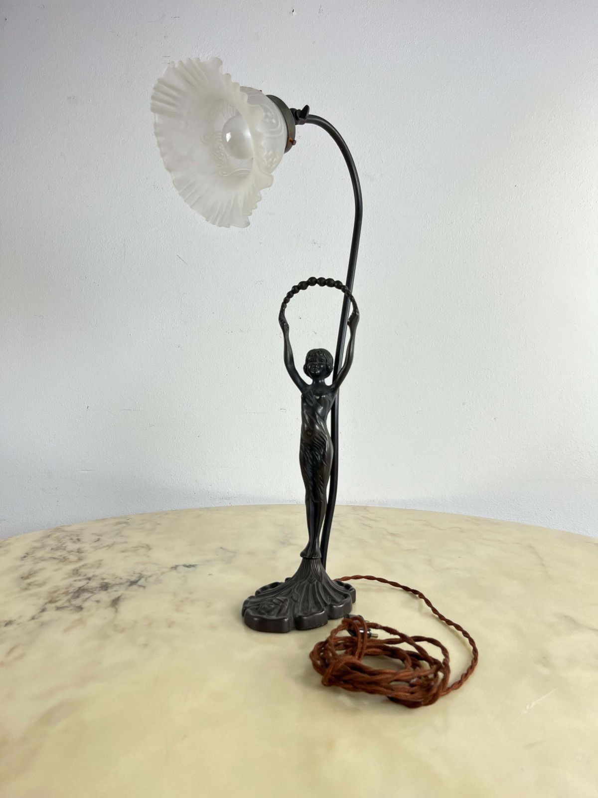 Lighting Table Lamp With Art Deco Bronze Statuette And White Art Glass Tulip Bowl 1940s photo