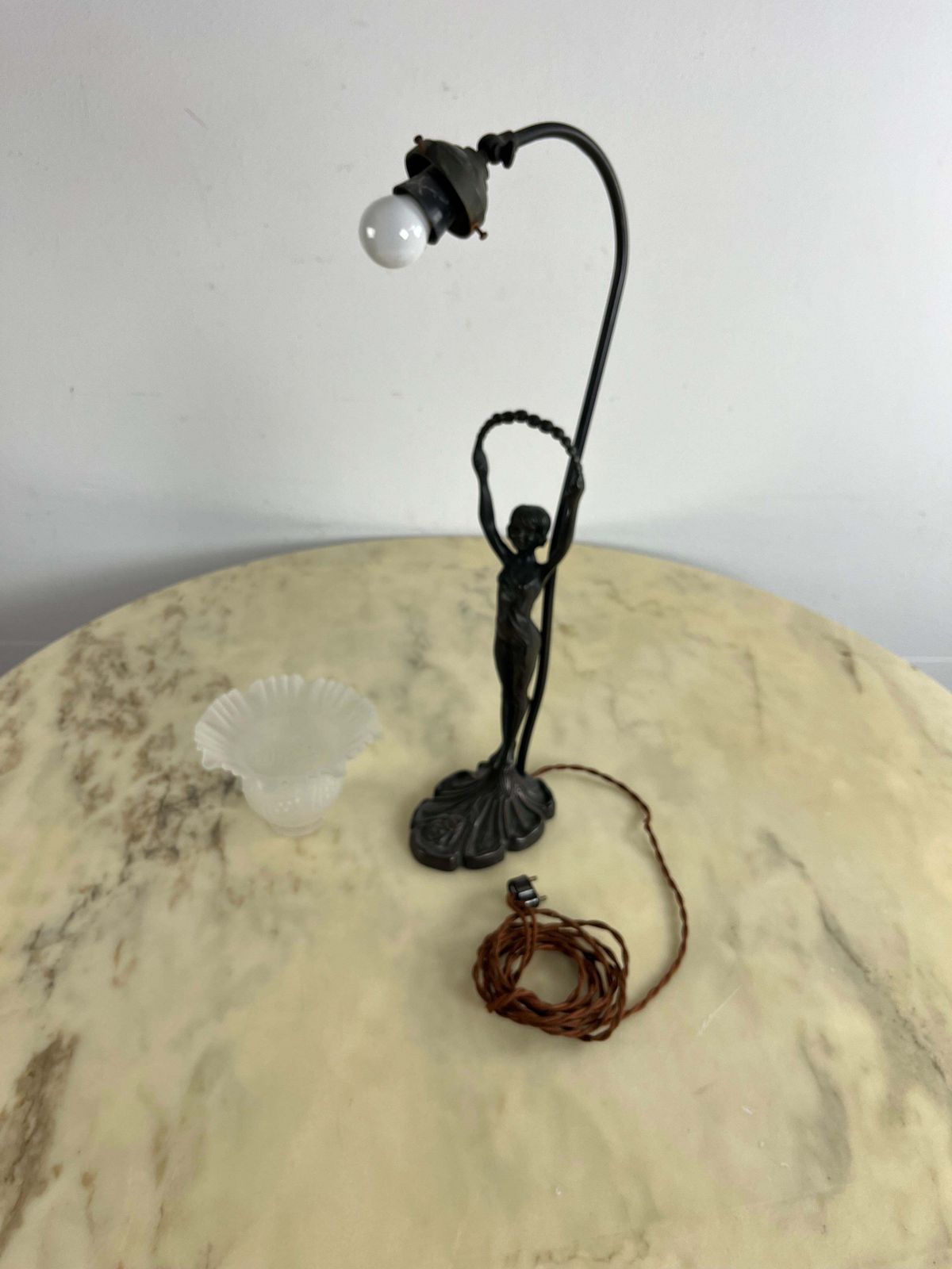 photo vinterior Table Lamp With Art Deco Bronze Statuette And White Art Glass Tulip Bowl 1940s