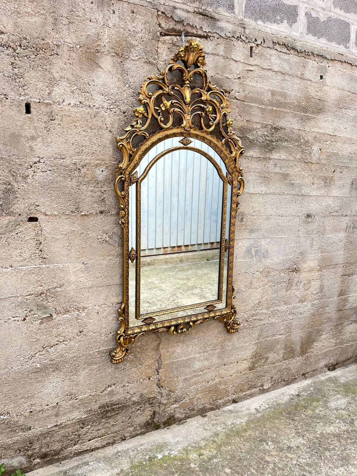 Large Mid Century French Golden Wood Wall Mirror, 1950s photo vinterior