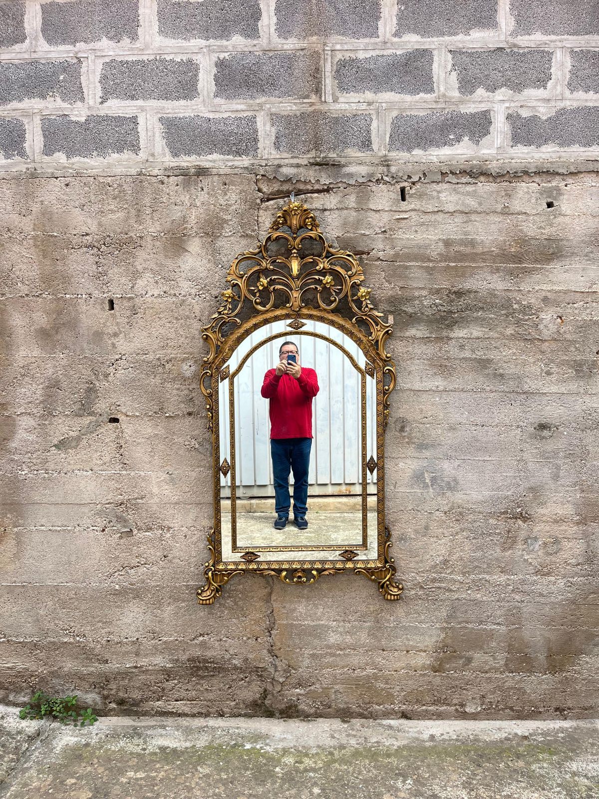 photo furniture Large Mid Century French Golden Wood Wall Mirror, 1950s