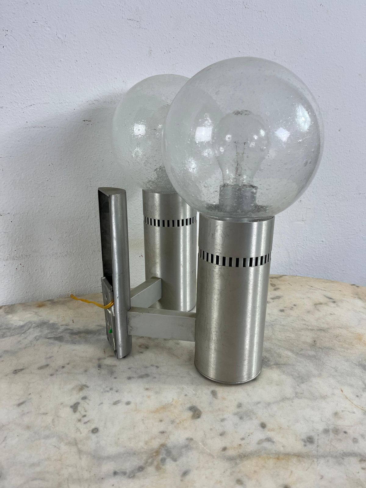 2 Light Brushed Steel And Glass Wall Lamp, Made In Italy 1970s photo vinterior